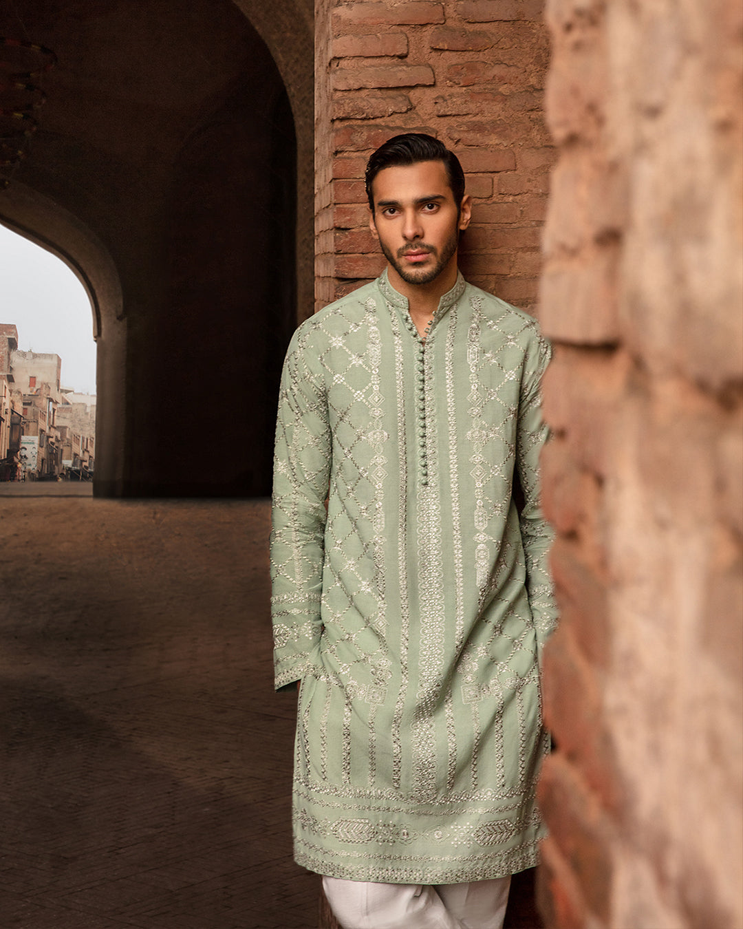 Sage Green Embroidered Karandi Kurta (2-Piece) - Image 2