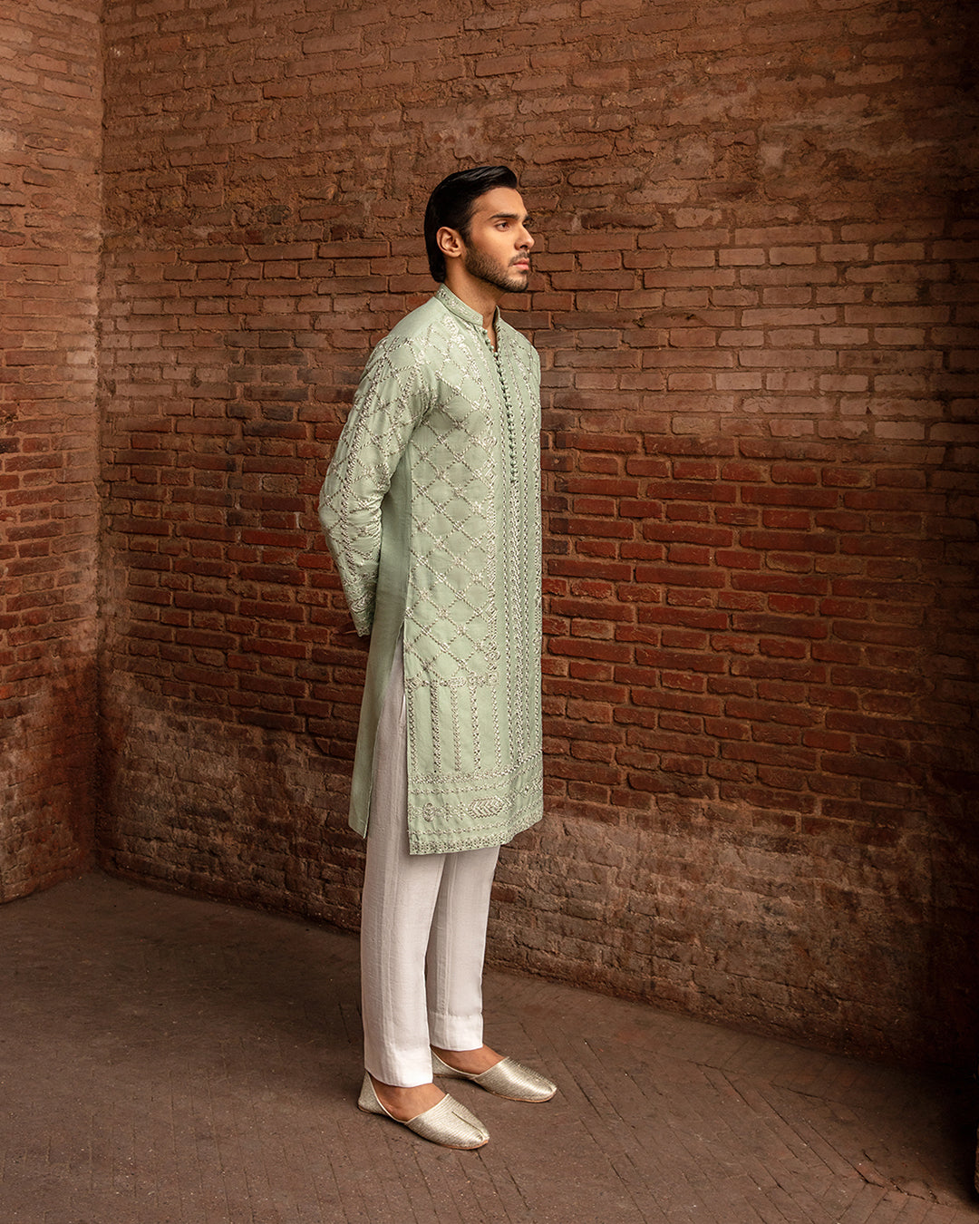Sage Green Embroidered Karandi Kurta (2-Piece) - Image 3