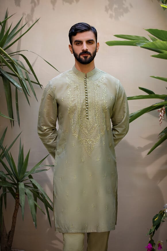 Sage Green Embroidered Khaddi Cotton Kurta (2-Piece) - Image 1