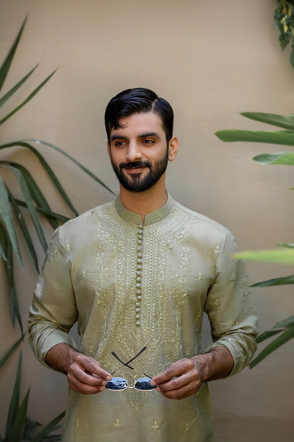 Sage Green Embroidered Khaddi Cotton Kurta (2-Piece) - Image 3