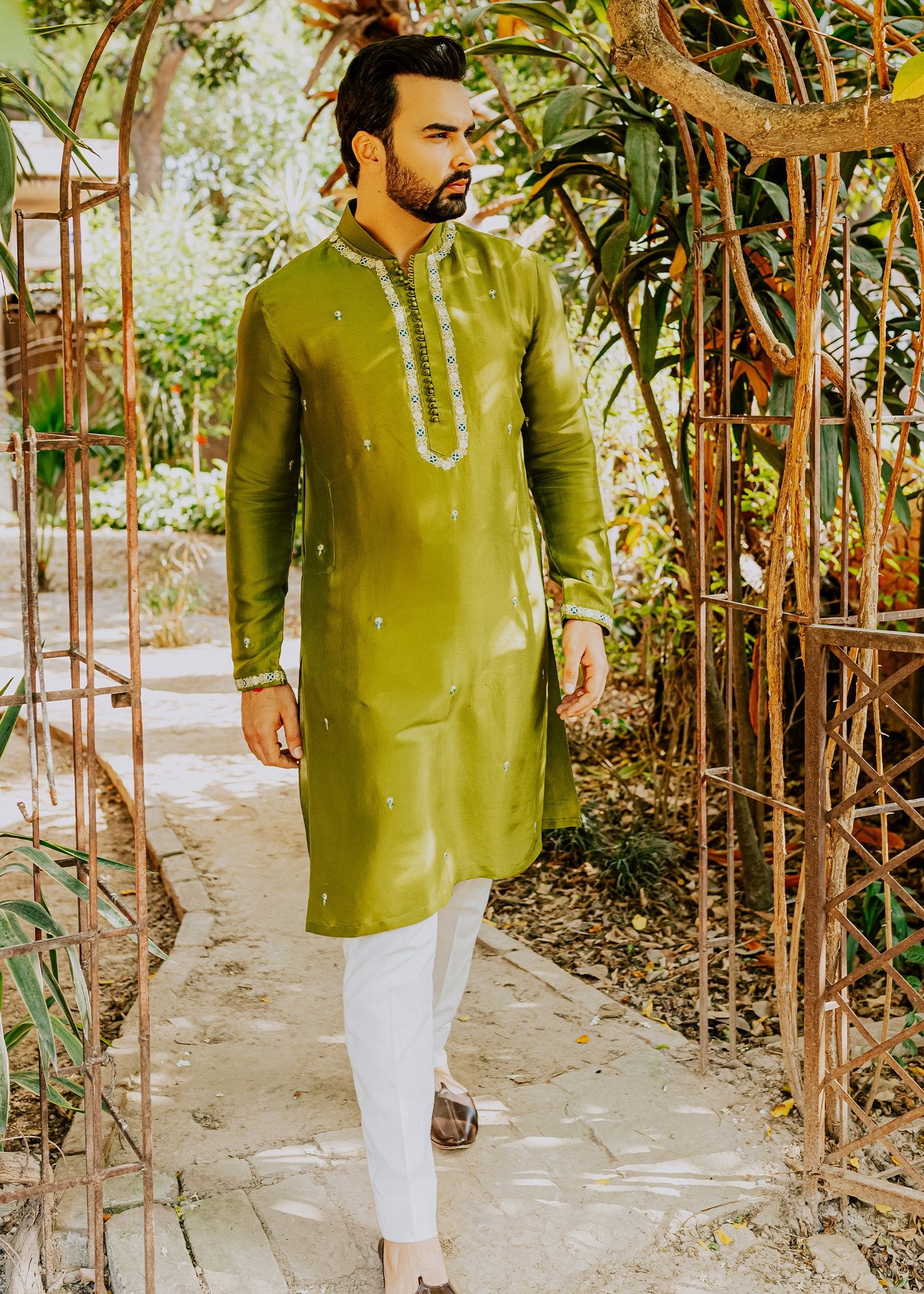 Pickle Green Embroidered Korean Rawsilk Kurta (2-Piece) - Image 1