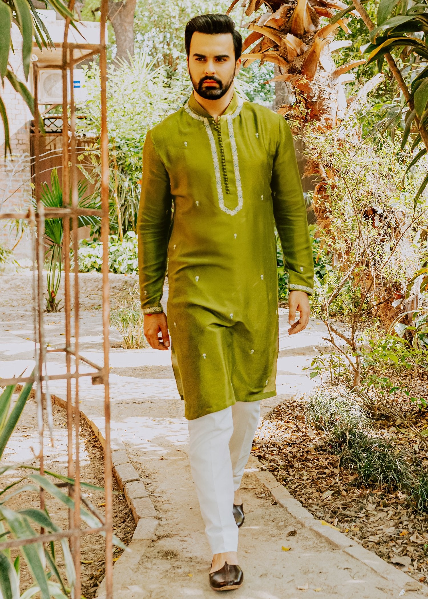 Pickle Green Embroidered Korean Rawsilk Kurta (2-Piece) - Image 2