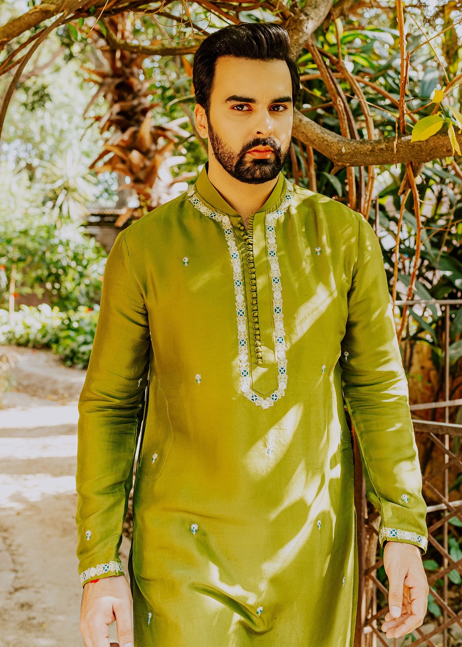Pickle Green Embroidered Korean Rawsilk Kurta (2-Piece) - Image 3