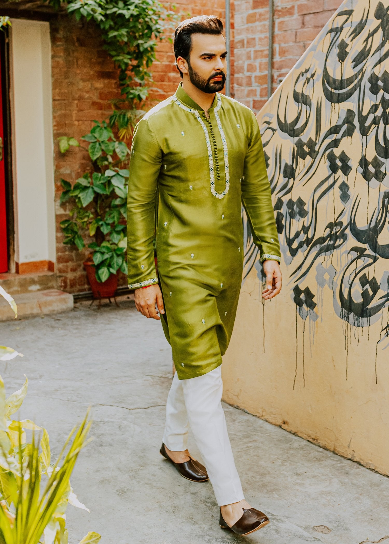 Pickle Green Embroidered Korean Rawsilk Kurta (2-Piece) - Image 4