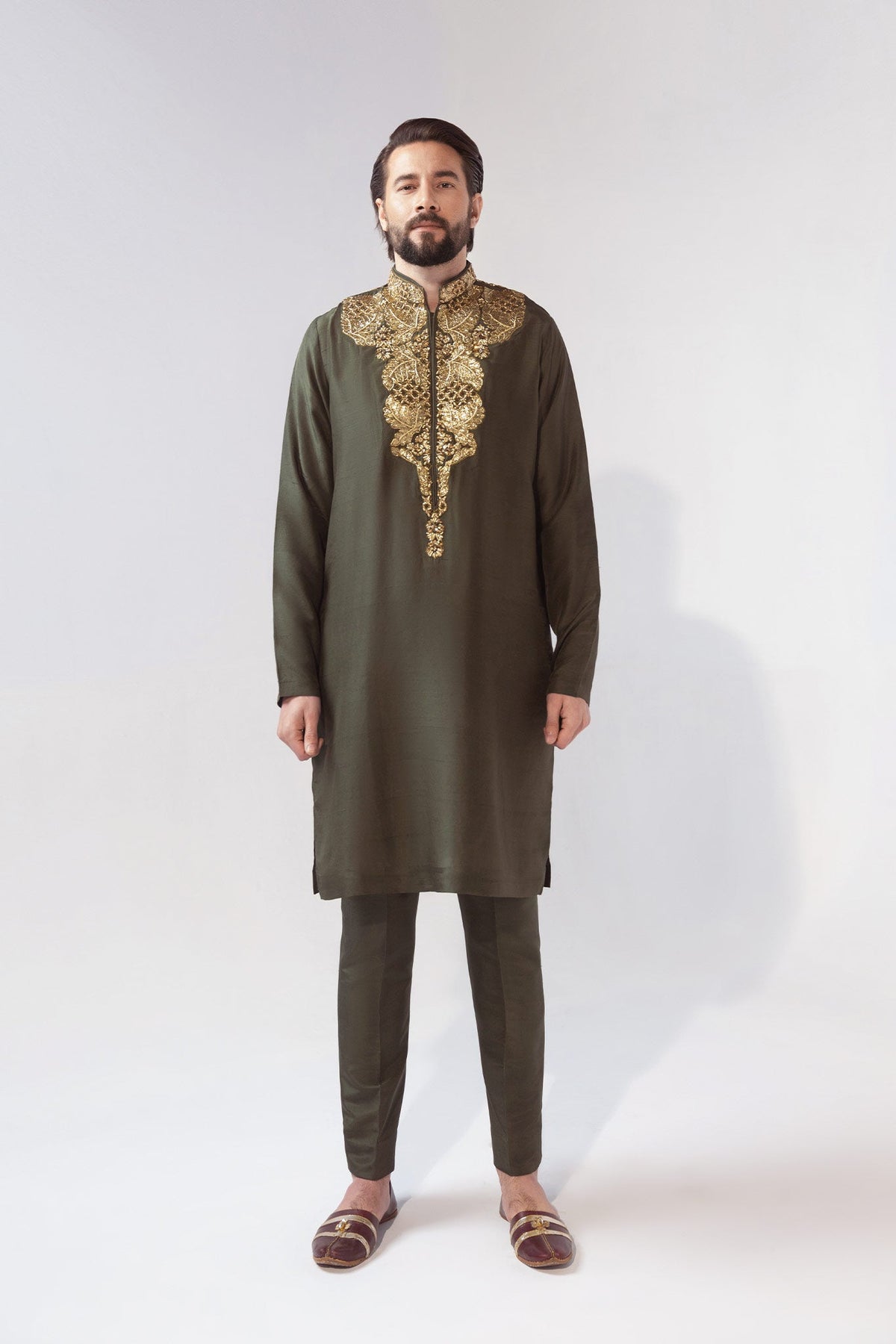 Olive Green Embroidered Silk-Blend Kurta Set (3-Piece) - Image 1