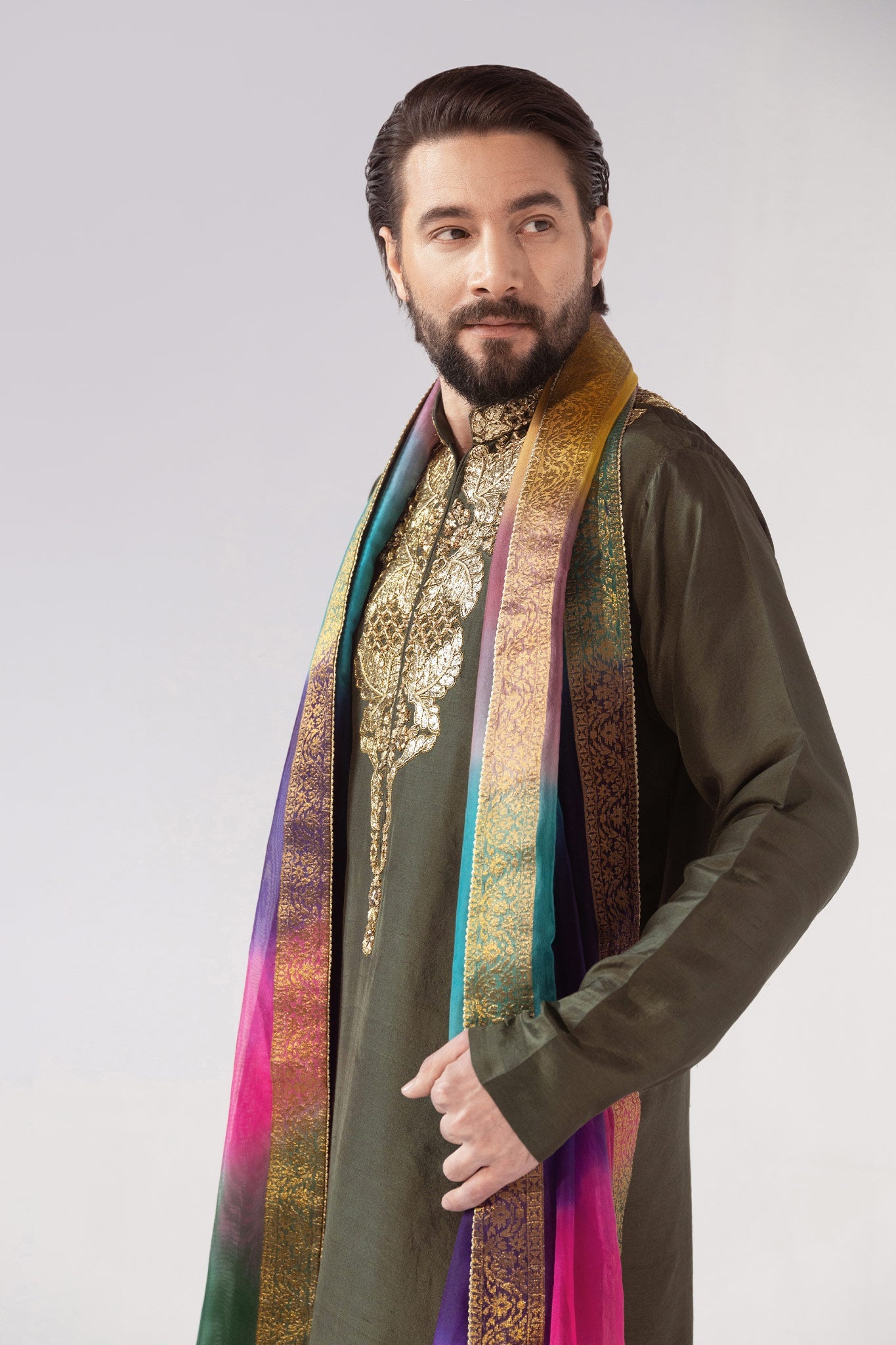 Olive Green Embroidered Silk-Blend Kurta Set (3-Piece) - Image 4