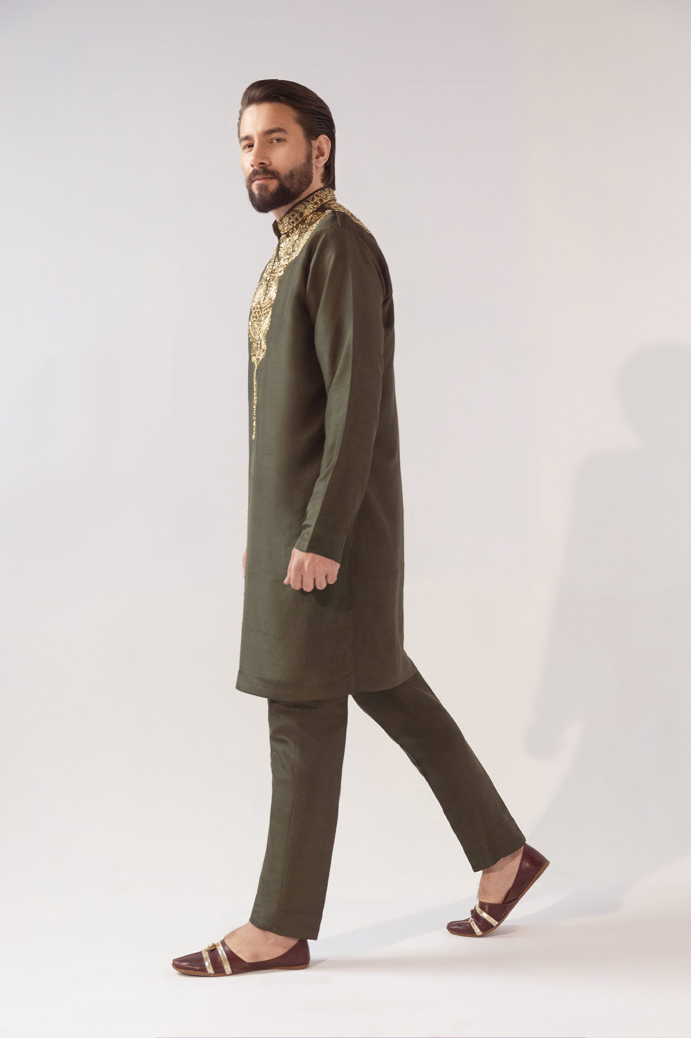 Olive Green Embroidered Silk-Blend Kurta Set (3-Piece) - Image 5