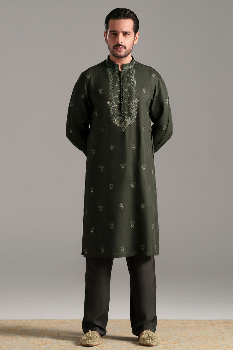 Bottle Green Embroidered Silk-Blend Kurta Pajama (2-Piece) - Image 2