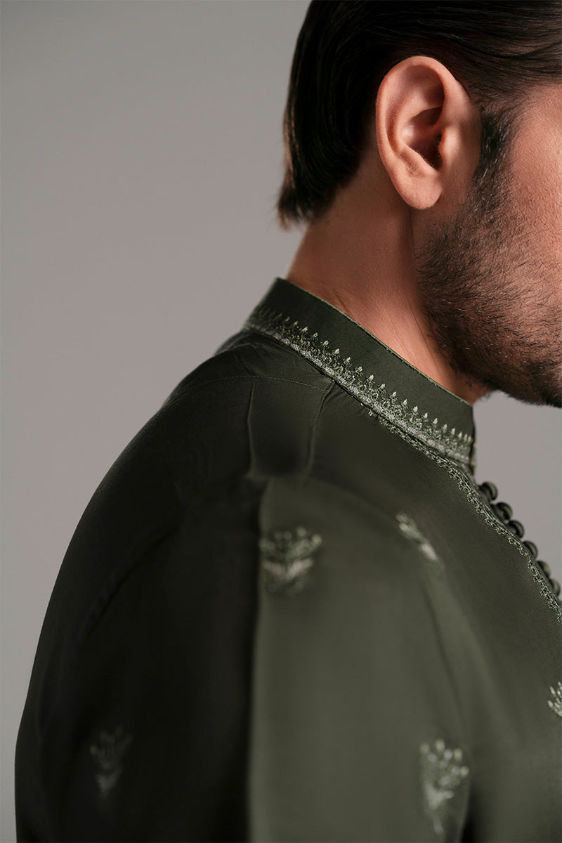 Bottle Green Embroidered Silk-Blend Kurta Pajama (2-Piece) - Image 3