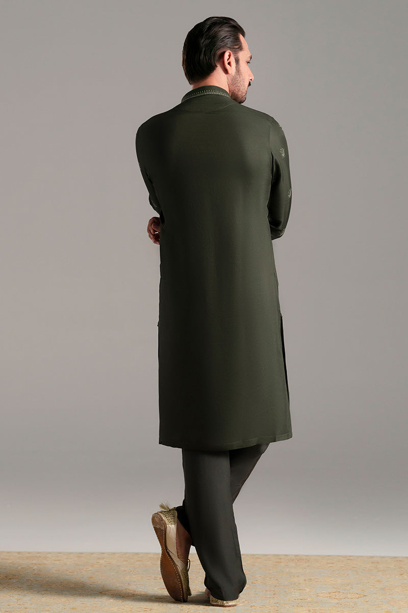 Bottle Green Embroidered Silk-Blend Kurta Pajama (2-Piece) - Image 5