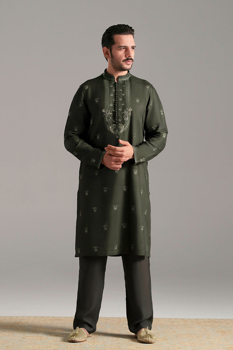 Bottle Green Embroidered Silk-Blend Kurta Pajama (2-Piece) - Image 6