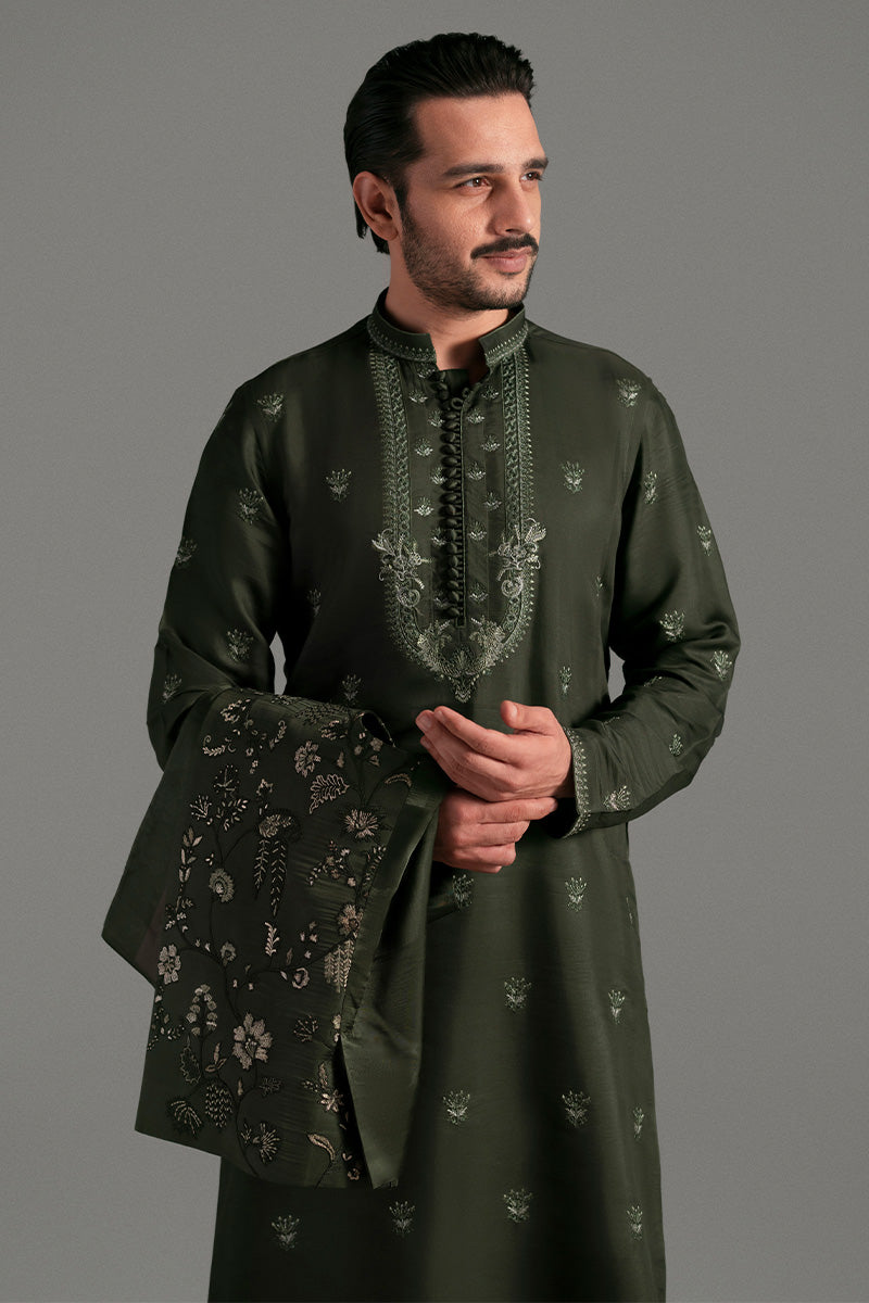 Bottle Green Embroidered Silk-Blend Kurta Pajama (2-Piece) - Image 7