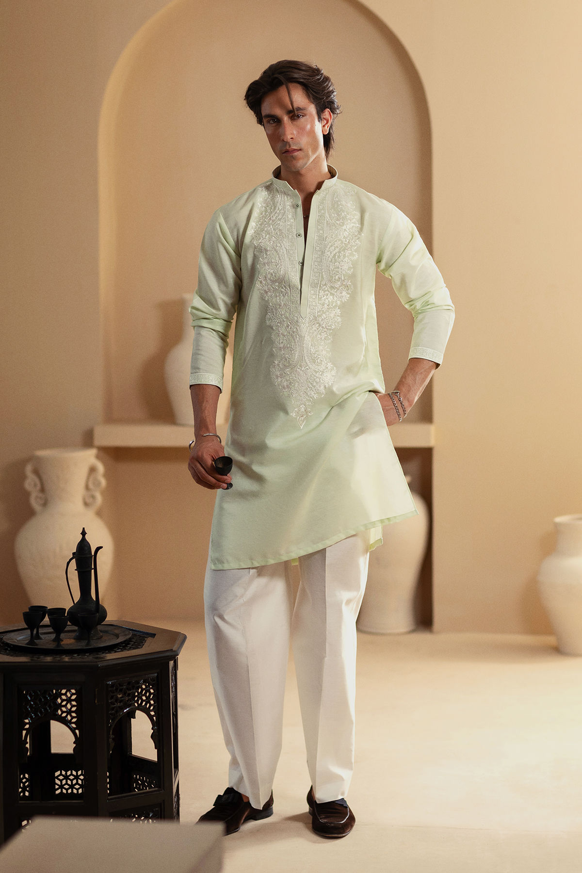Mint Embroidered Silk Men’s Kurta (2-Piece) - Image 1