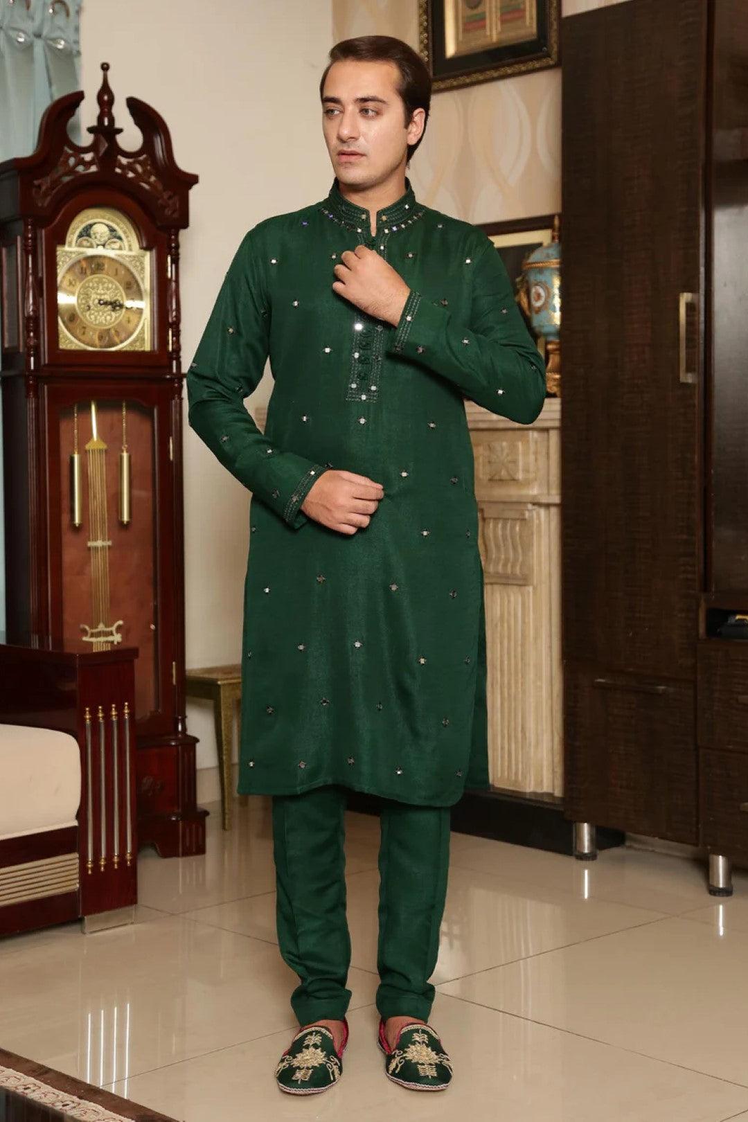 Bottle Green Embroidered Silk Kurta Pajama (2-Piece) - Image 1