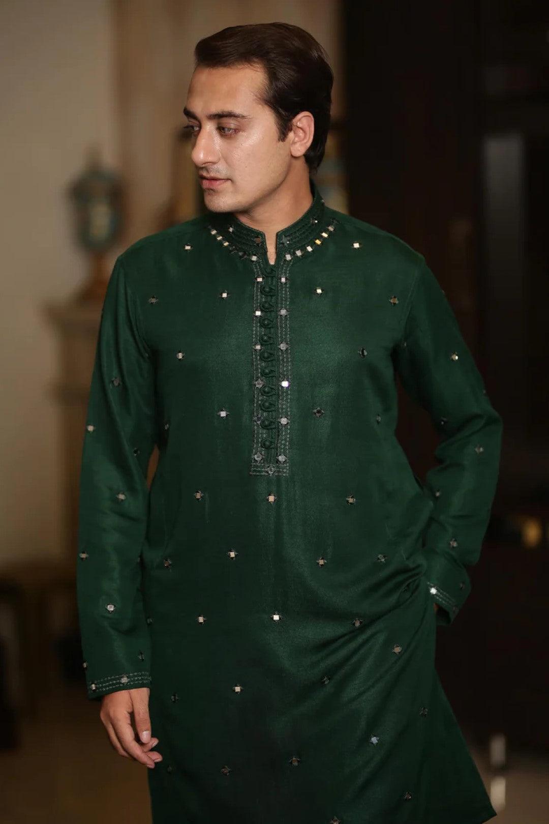 Bottle Green Embroidered Silk Kurta Pajama (2-Piece) - Image 2