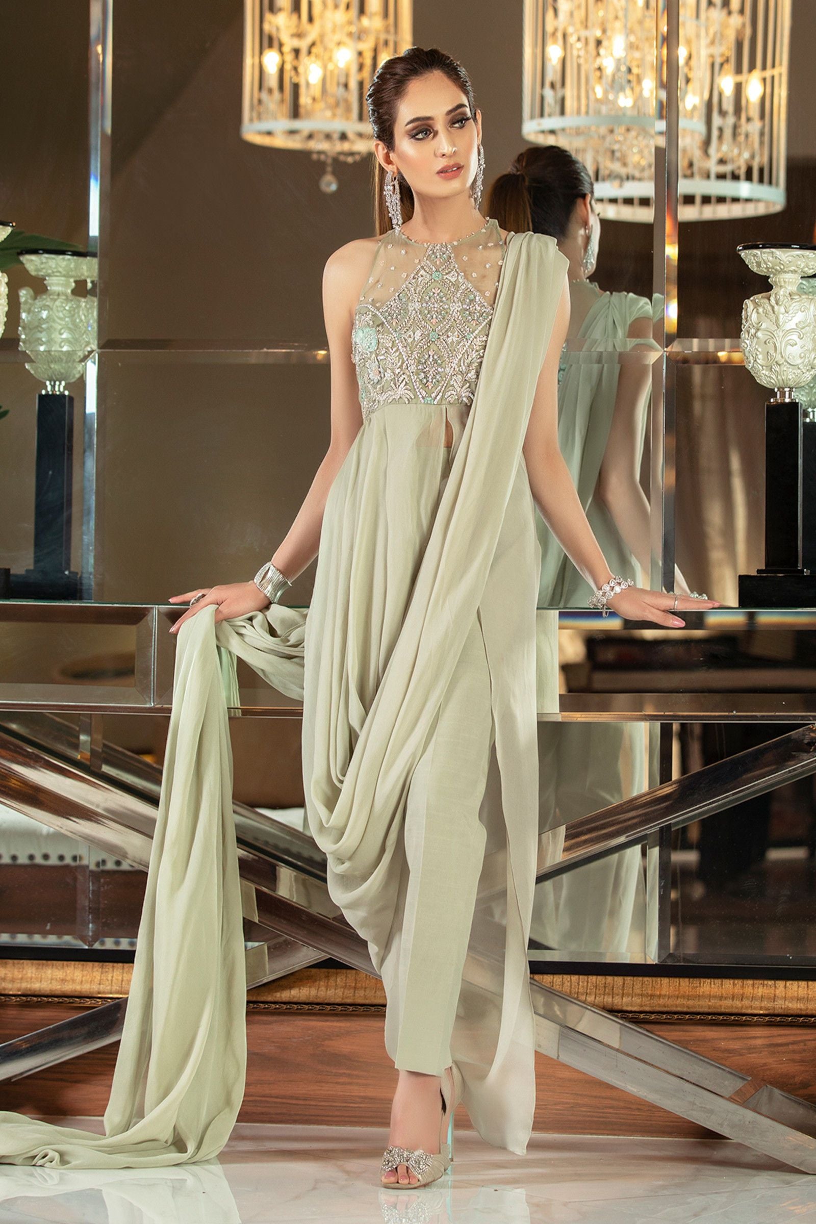 Pakistani Mint Embroidered Organza Blouse with Raw Silk Pants (3-Piece) - Image 1