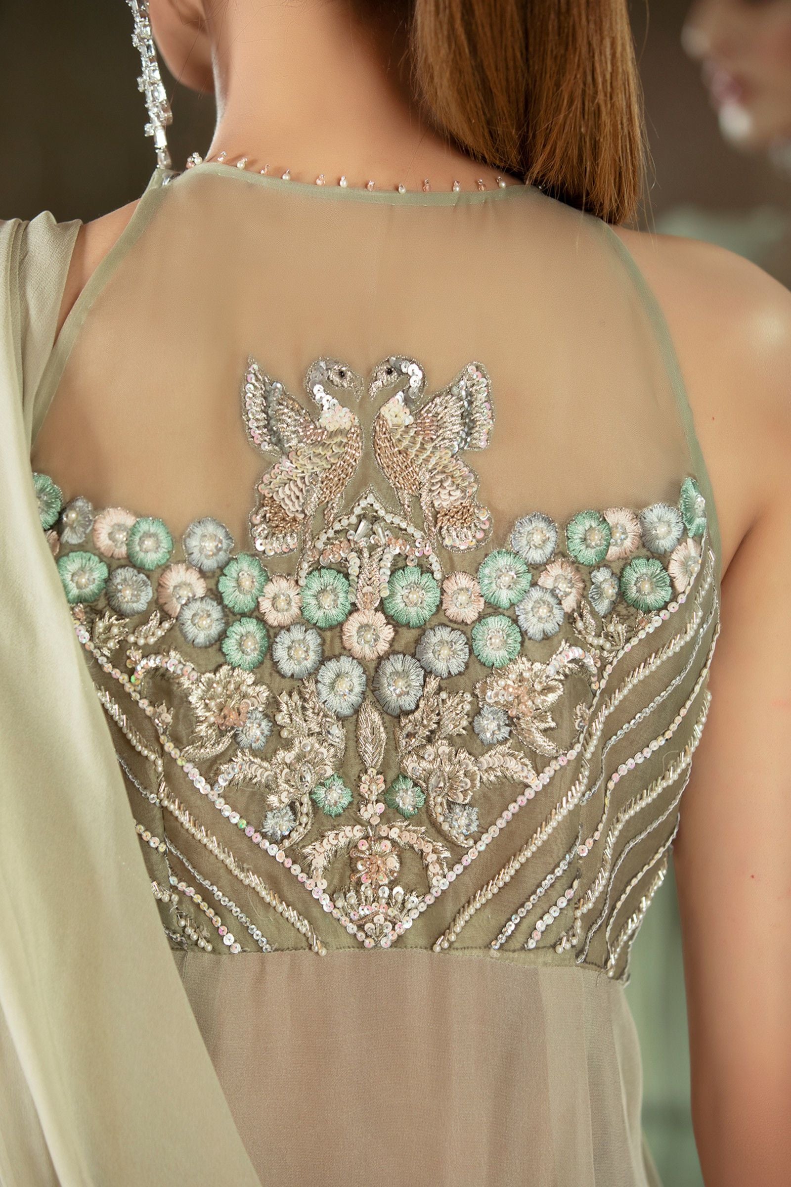 Pakistani Mint Embroidered Organza Blouse with Raw Silk Pants (3-Piece) - Image 2