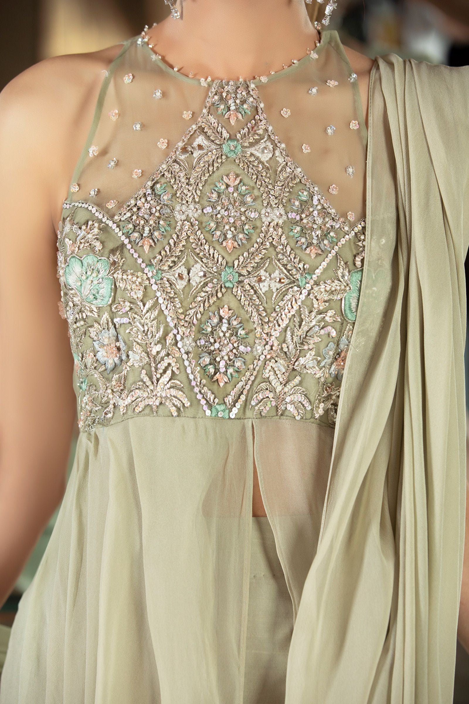 Pakistani Mint Embroidered Organza Blouse with Raw Silk Pants (3-Piece) - Image 3