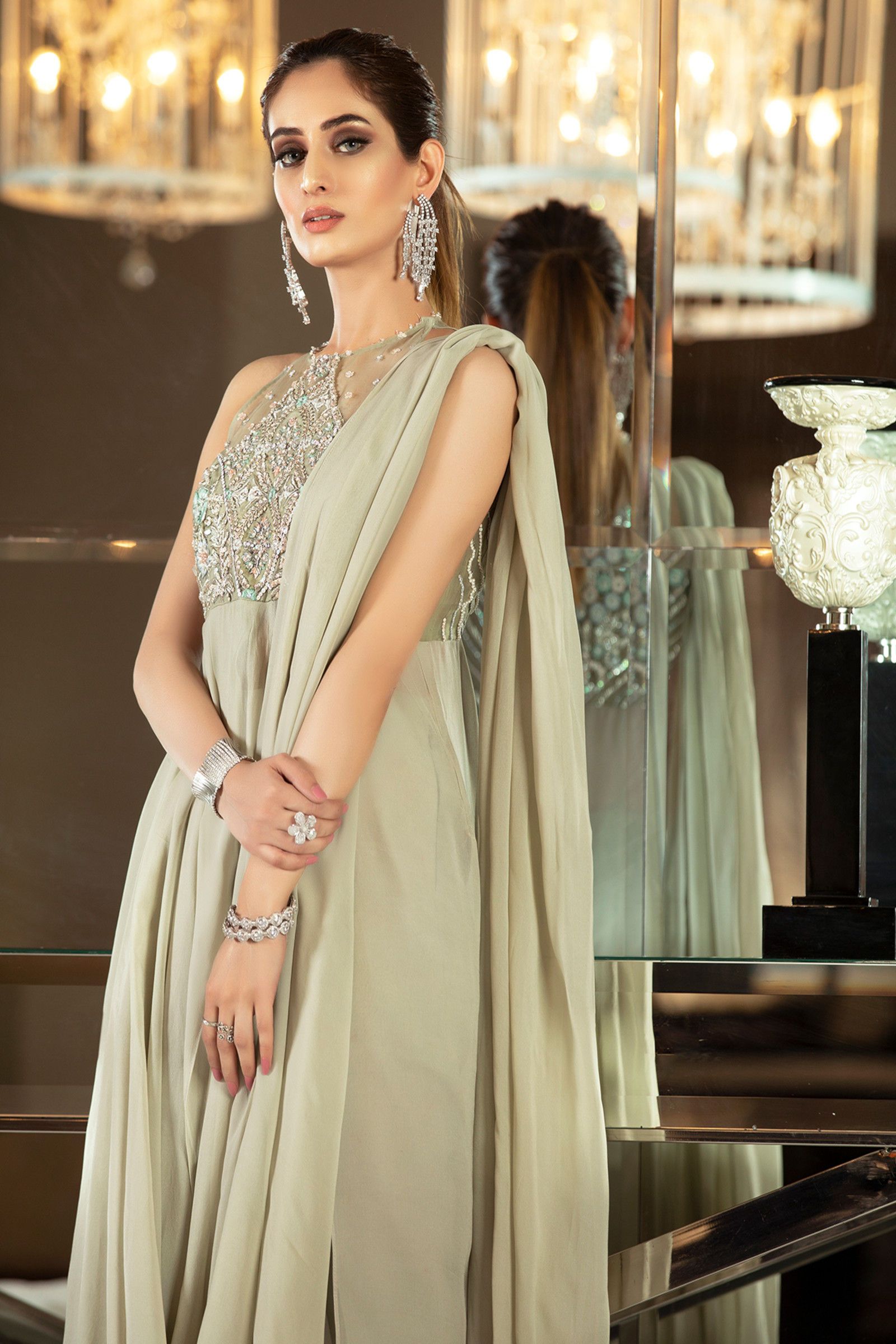 Pakistani Mint Embroidered Organza Blouse with Raw Silk Pants (3-Piece) - Image 4