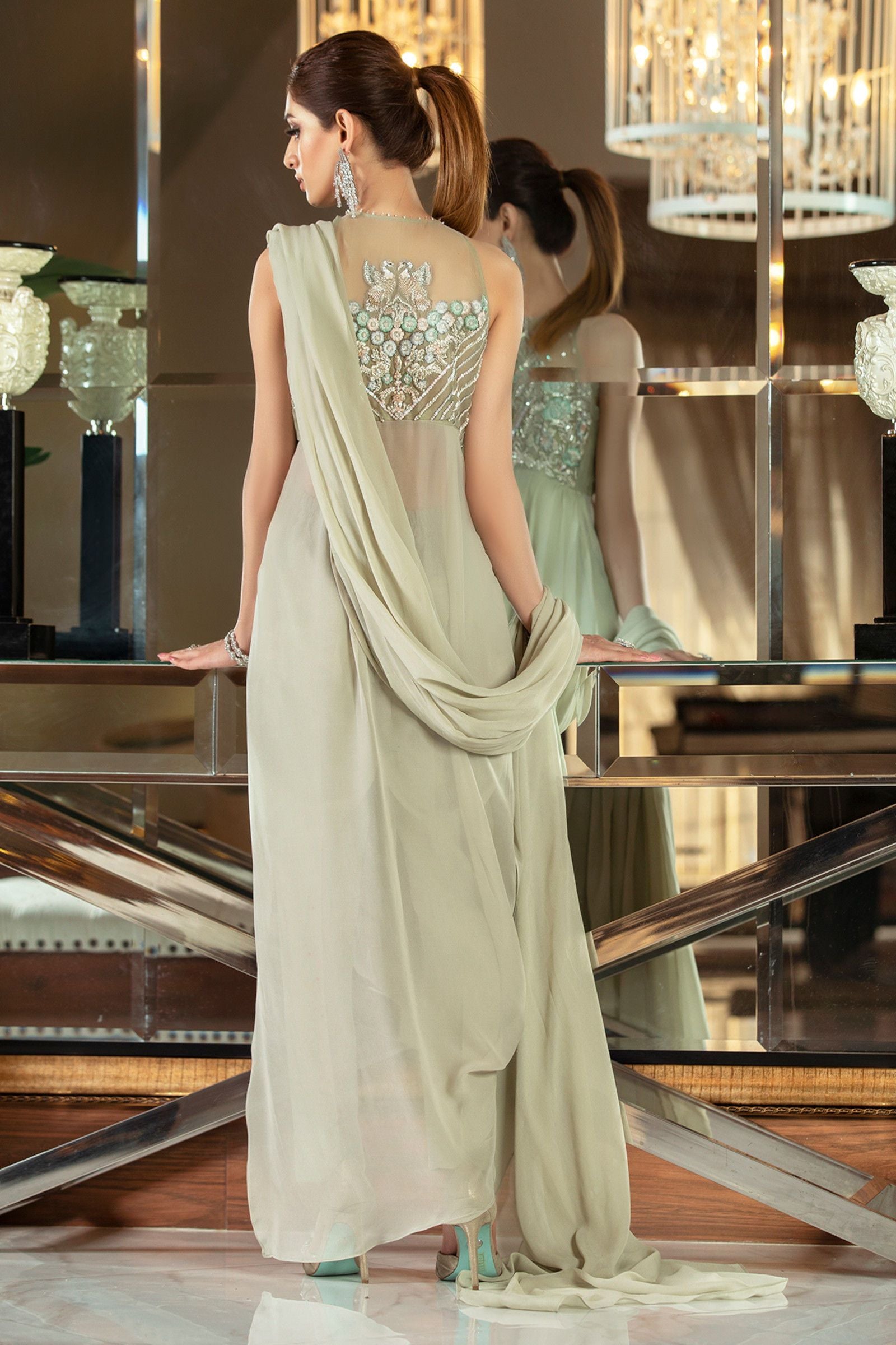 Pakistani Mint Embroidered Organza Blouse with Raw Silk Pants (3-Piece) - Image 5