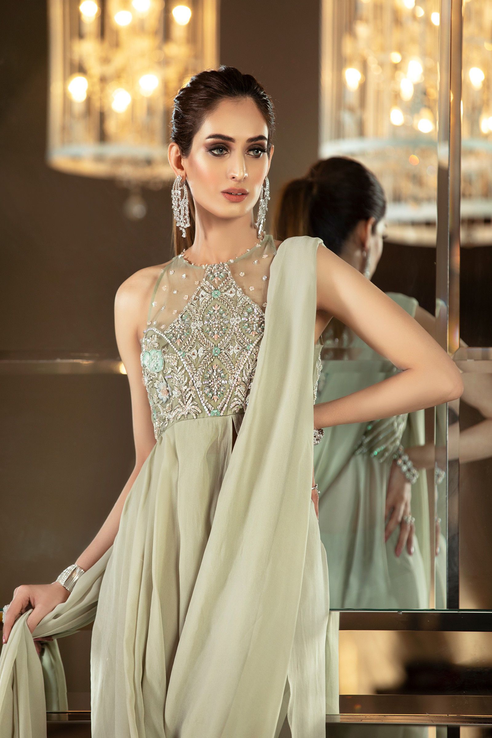 Pakistani Mint Embroidered Organza Blouse with Raw Silk Pants (3-Piece) - Image 6