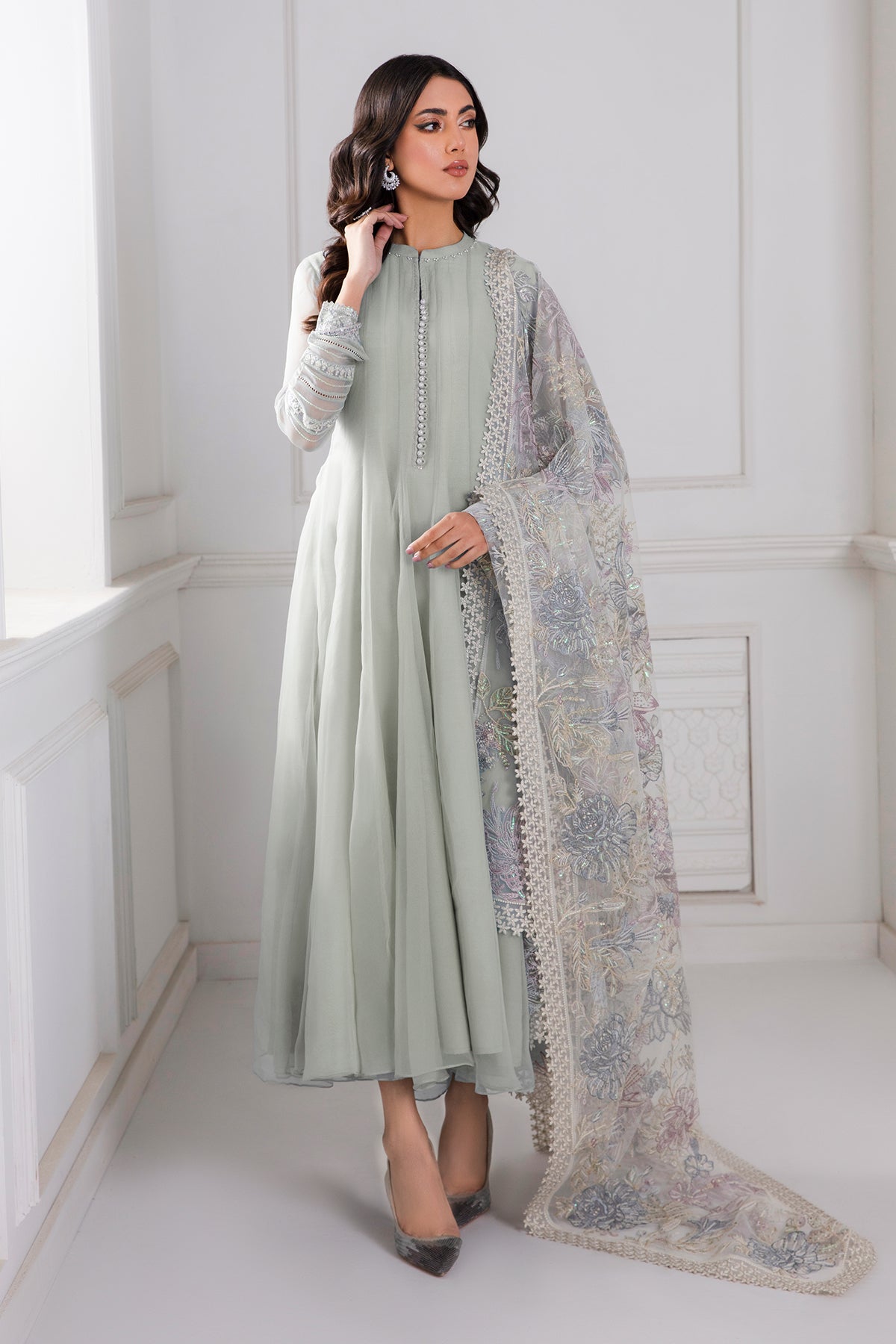Pakistani Pistachio Embroidered Chiffon Frock (3-Piece) - Image 1