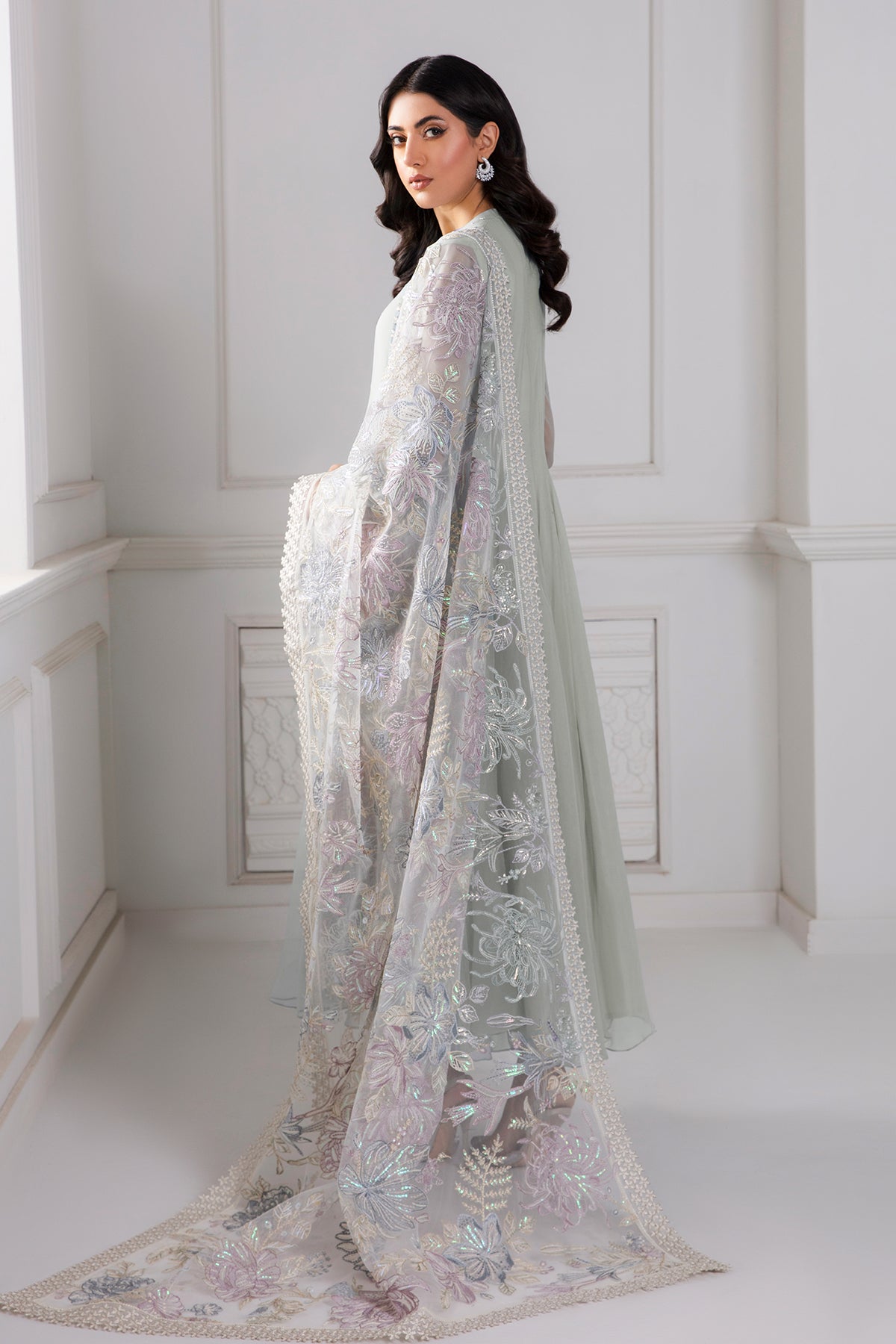 Pakistani Pistachio Embroidered Chiffon Frock (3-Piece) - Image 2