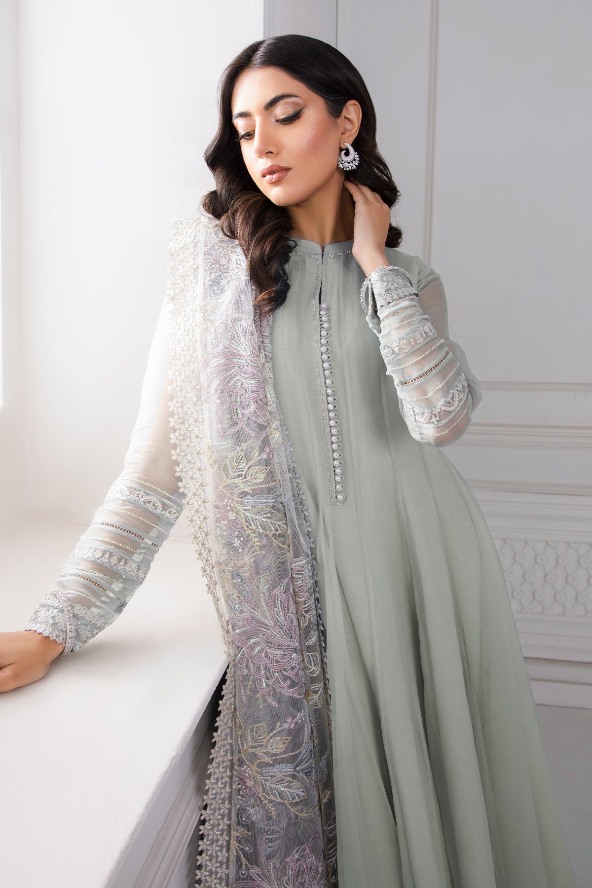 Pakistani Pistachio Embroidered Chiffon Frock (3-Piece) - Image 3