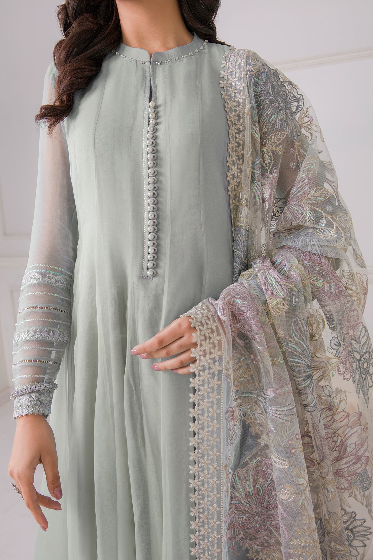 Pakistani Pistachio Embroidered Chiffon Frock (3-Piece) - Image 4