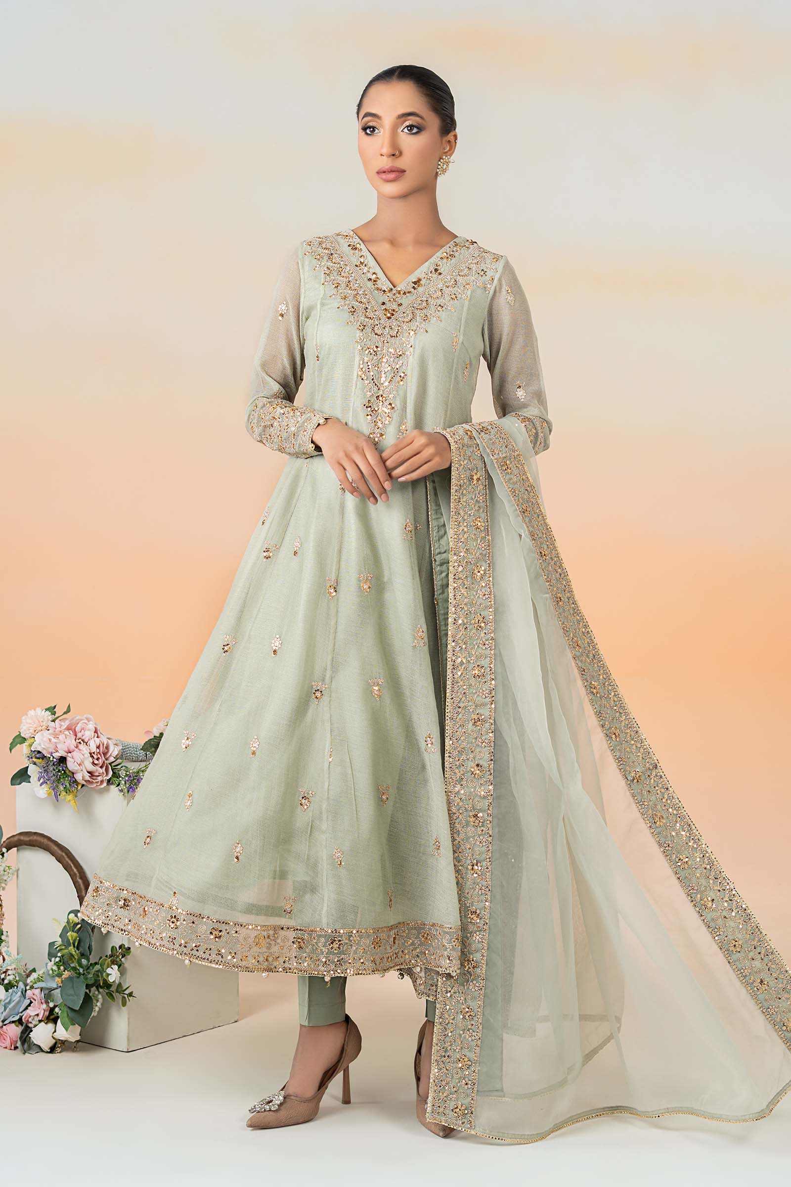 Mint Green Embroidered Cotton Net Frock Suit (3-Piece) - Image 1