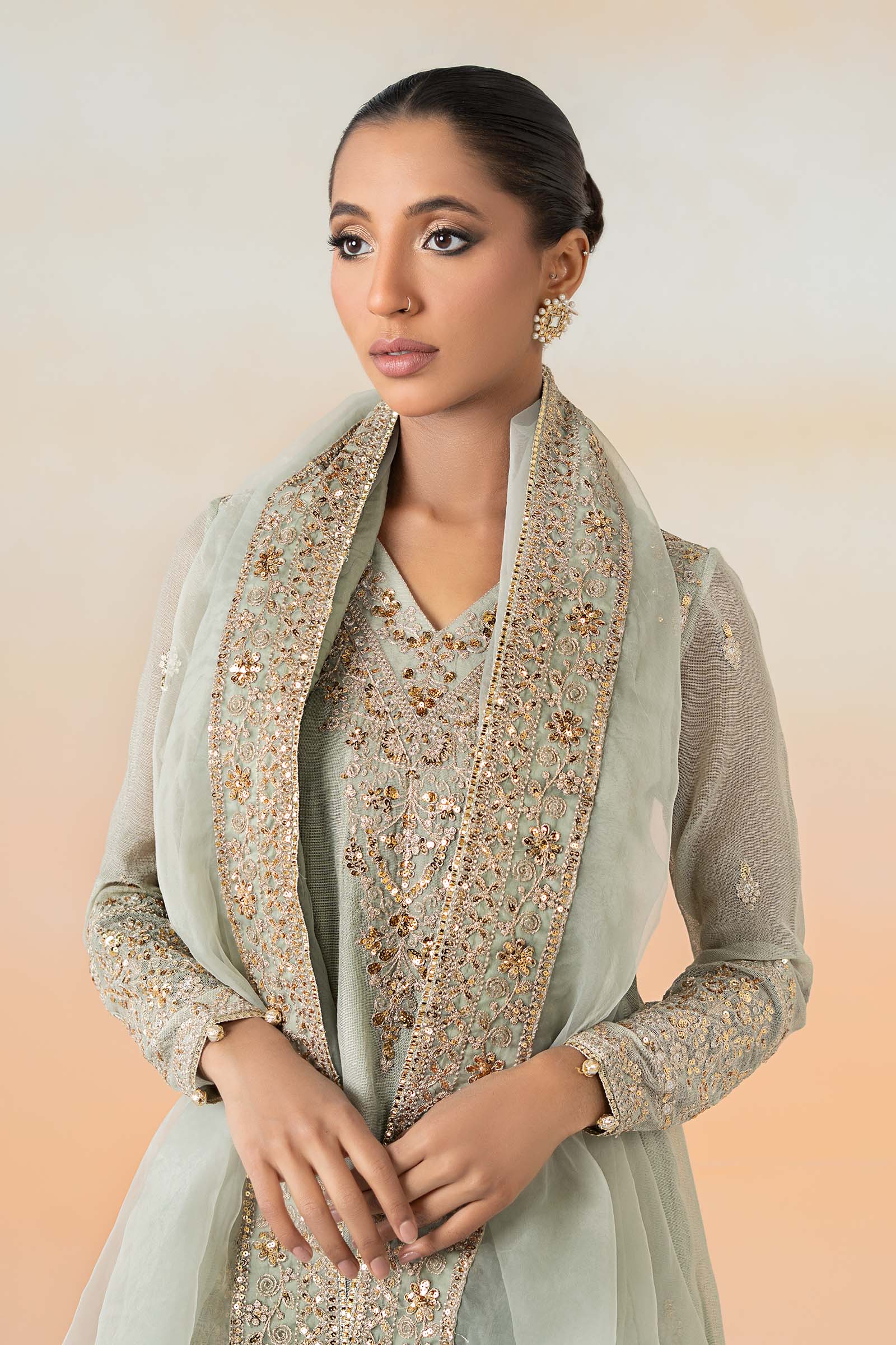 Mint Green Embroidered Cotton Net Frock Suit (3-Piece) - Image 2