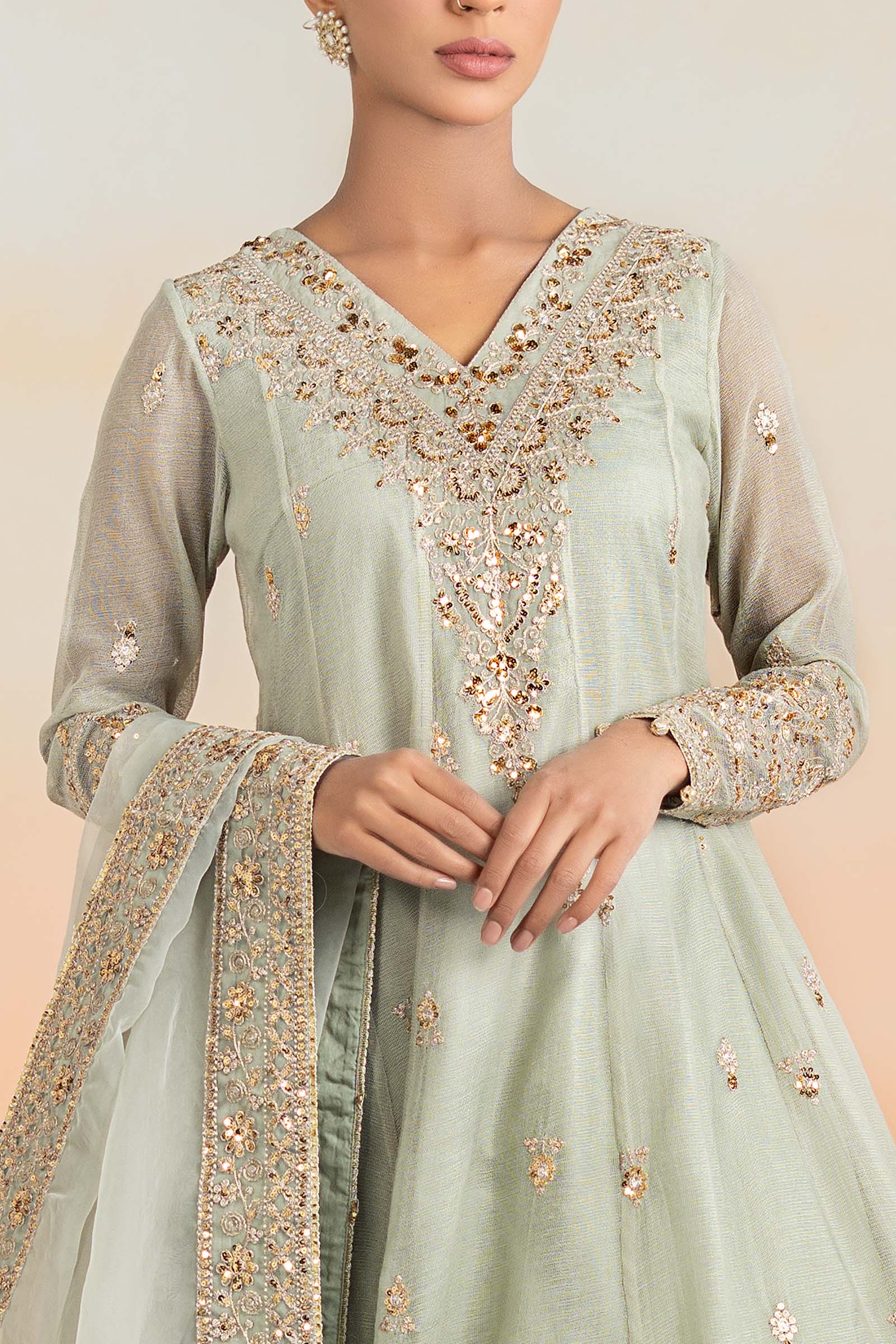 Mint Green Embroidered Cotton Net Frock Suit (3-Piece) - Image 3