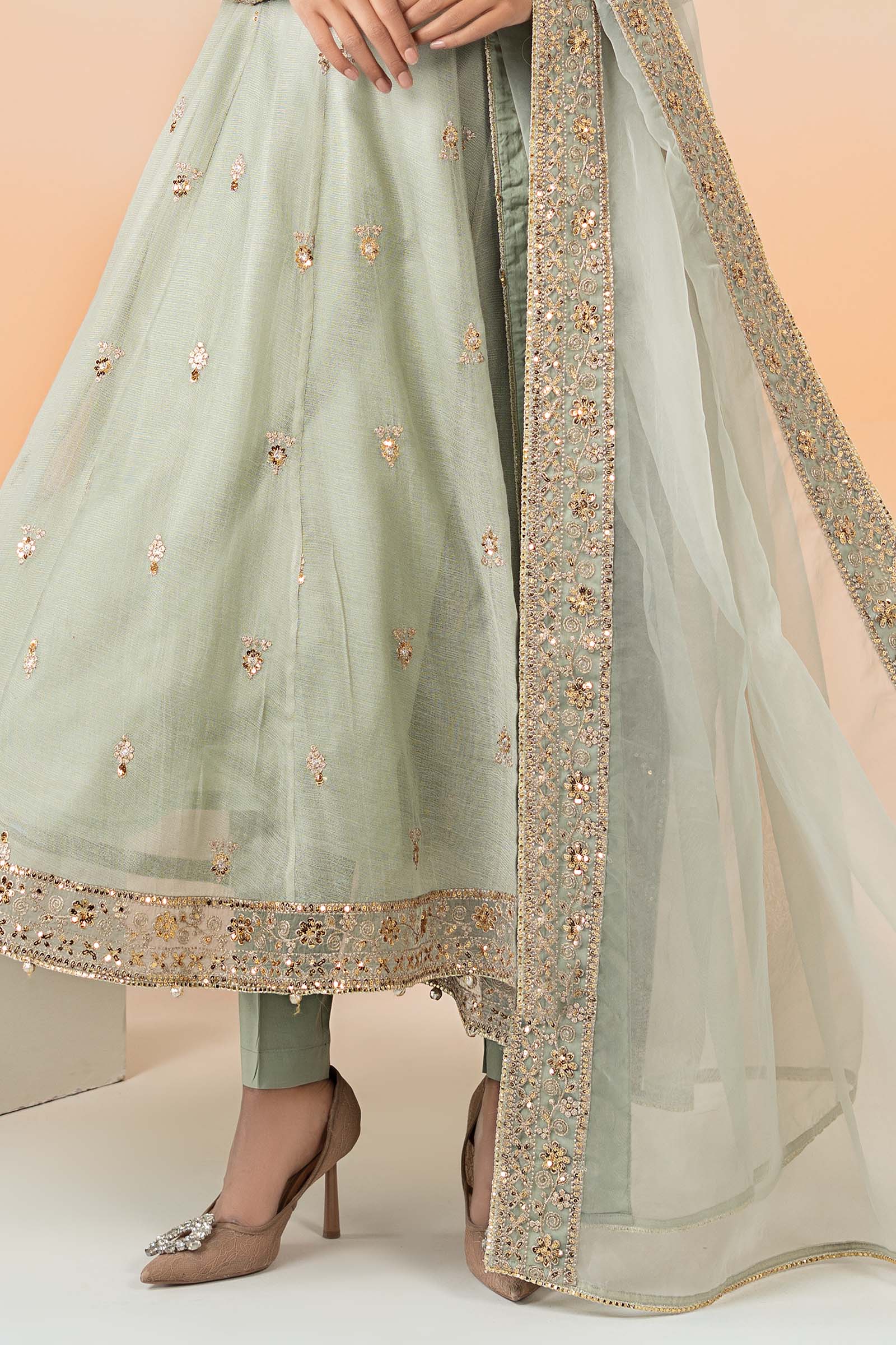 Mint Green Embroidered Cotton Net Frock Suit (3-Piece) - Image 4