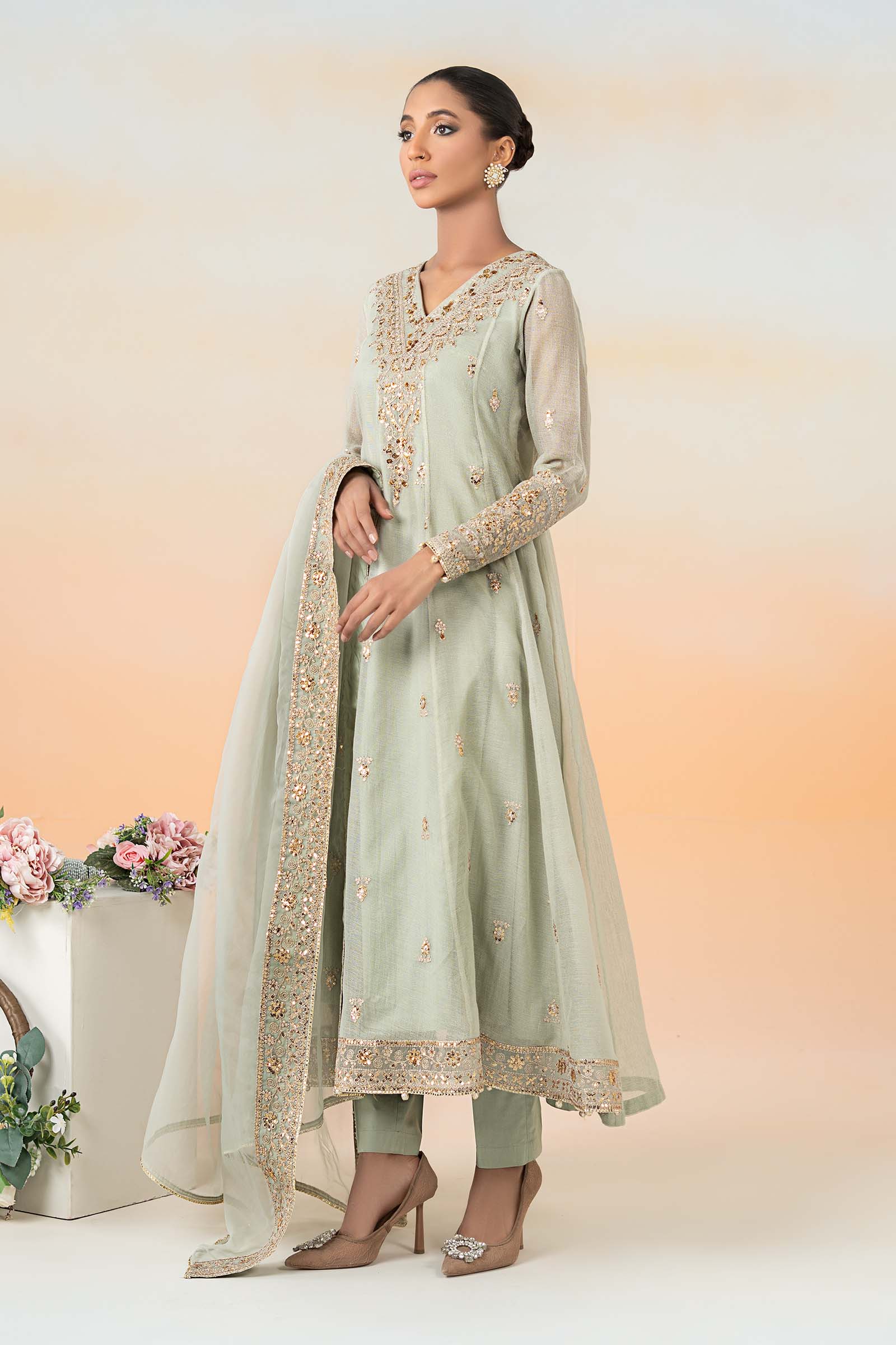 Mint Green Embroidered Cotton Net Frock Suit (3-Piece) - Image 5