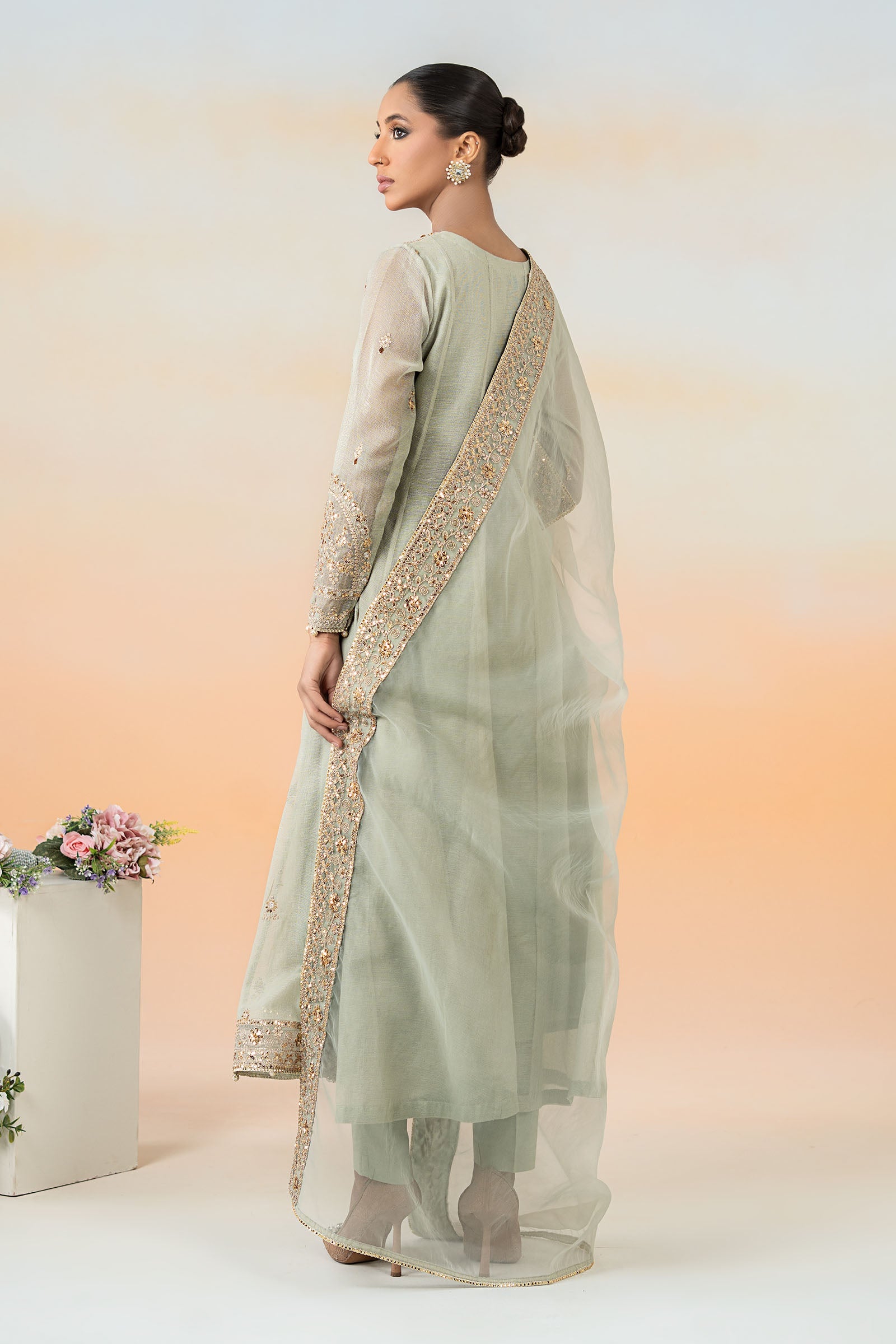Mint Green Embroidered Cotton Net Frock Suit (3-Piece) - Image 6