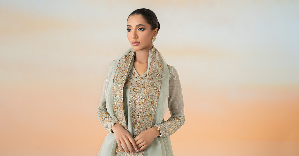 Mint Green Embroidered Cotton Net Frock Suit (3-Piece) - Image 7