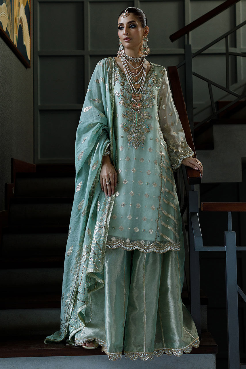 Pakistani Seafoam Embroidered Badla Boti & Lamé Gharara (3-Piece) - Image 1