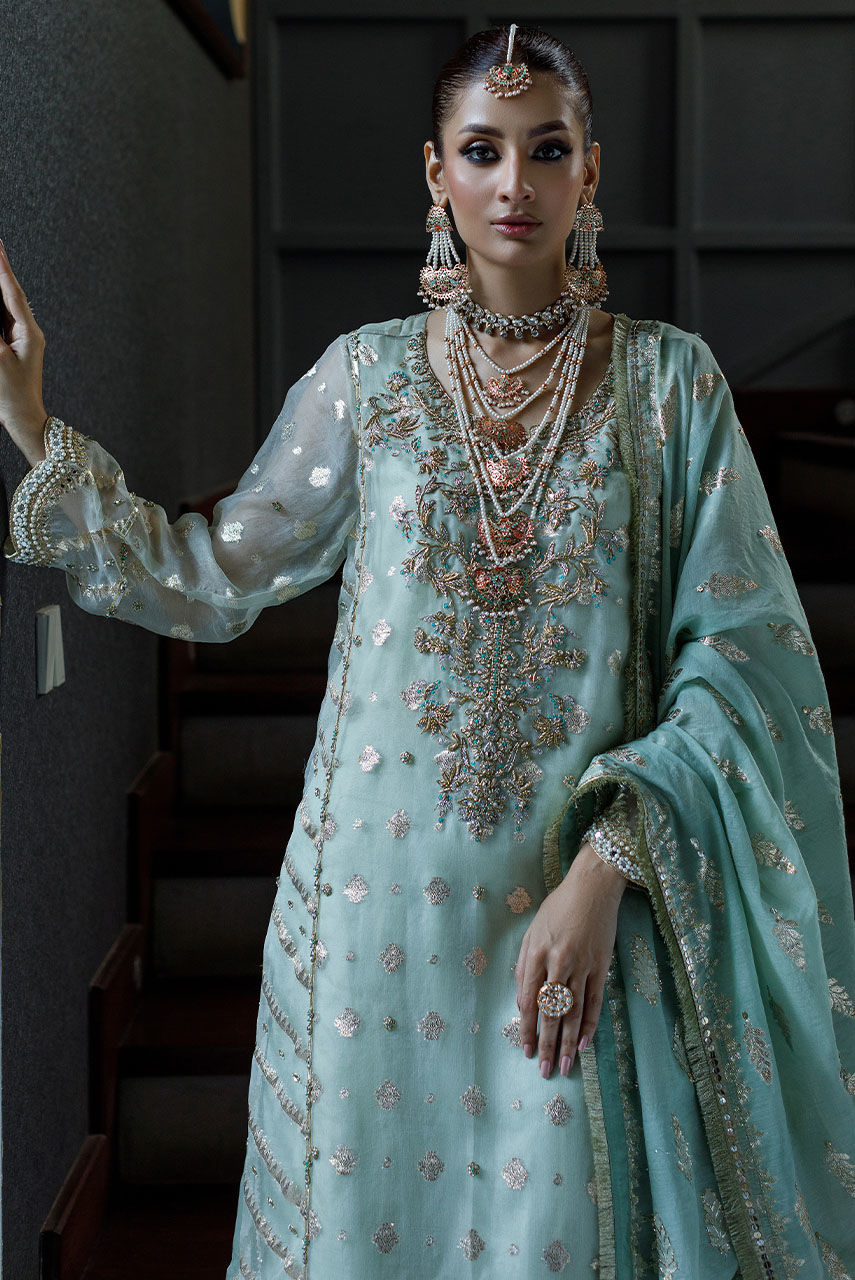 Pakistani Seafoam Embroidered Badla Boti & Lamé Gharara (3-Piece) - Image 2