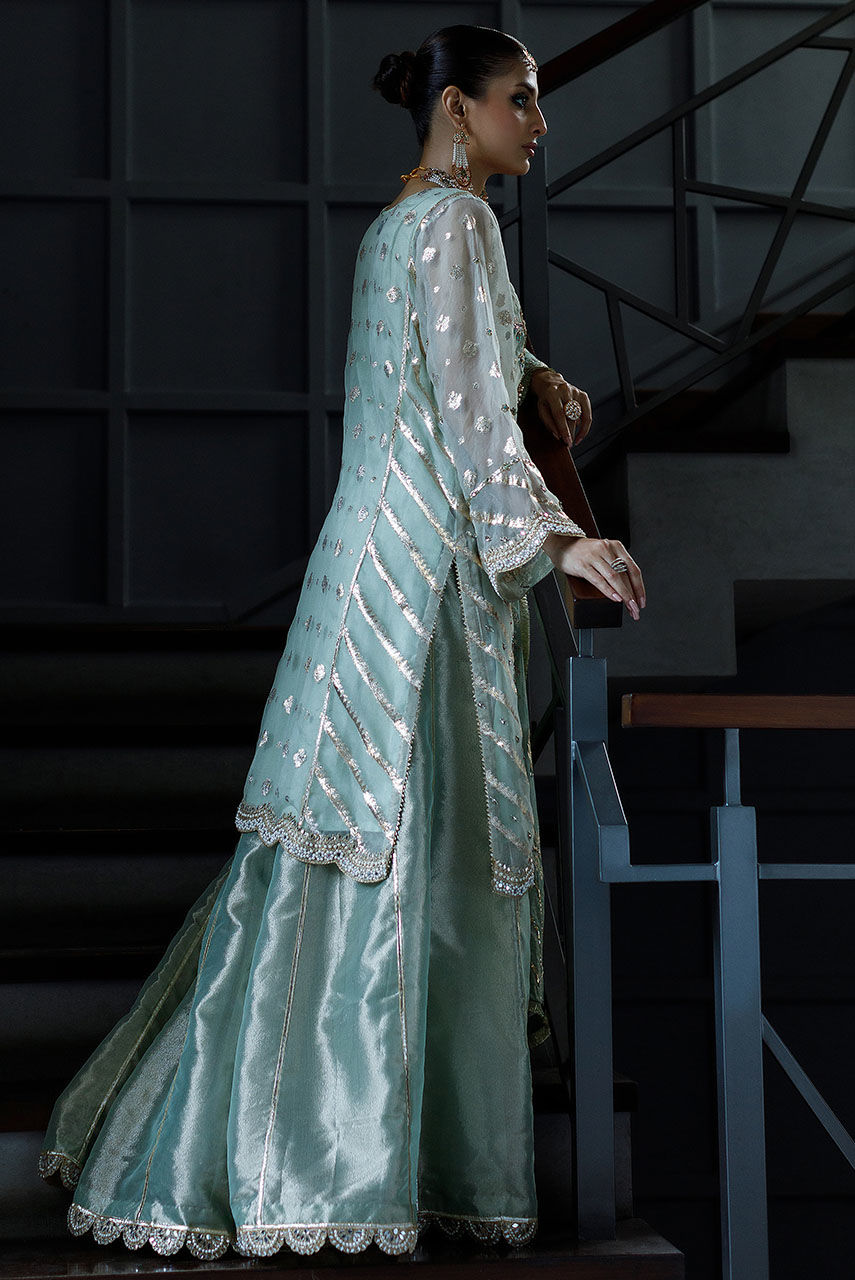 Pakistani Seafoam Embroidered Badla Boti & Lamé Gharara (3-Piece) - Image 3
