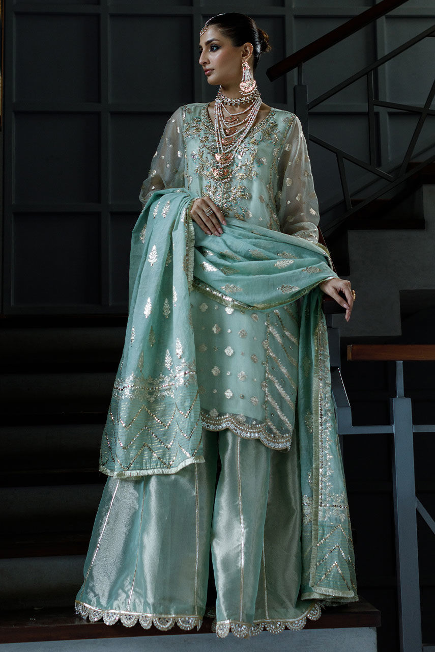 Pakistani Seafoam Embroidered Badla Boti & Lamé Gharara (3-Piece) - Image 4