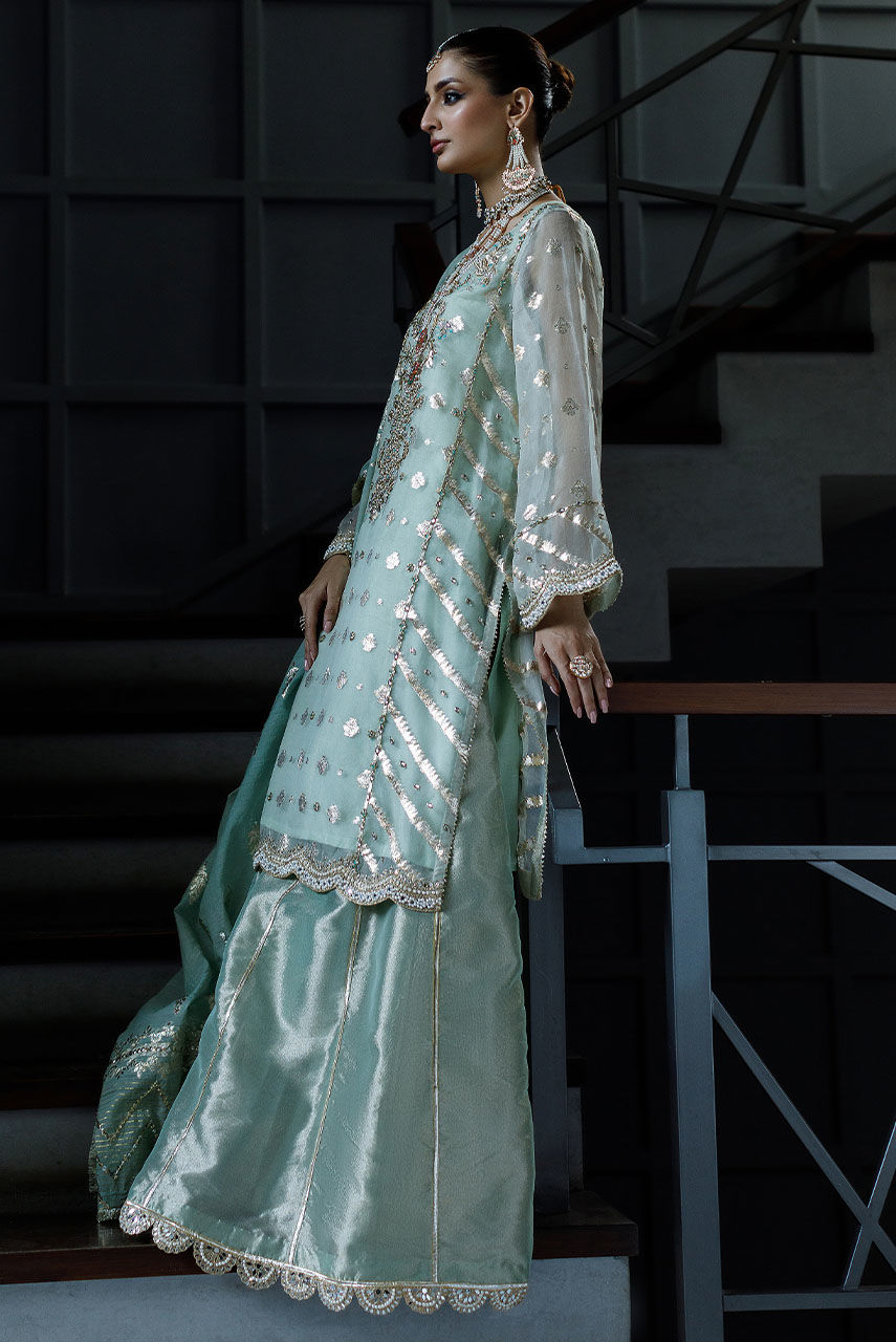 Pakistani Seafoam Embroidered Badla Boti & Lamé Gharara (3-Piece) - Image 5