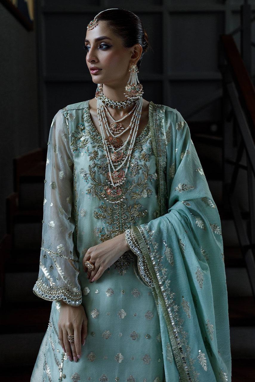 Pakistani Seafoam Embroidered Badla Boti & Lamé Gharara (3-Piece) - Image 6