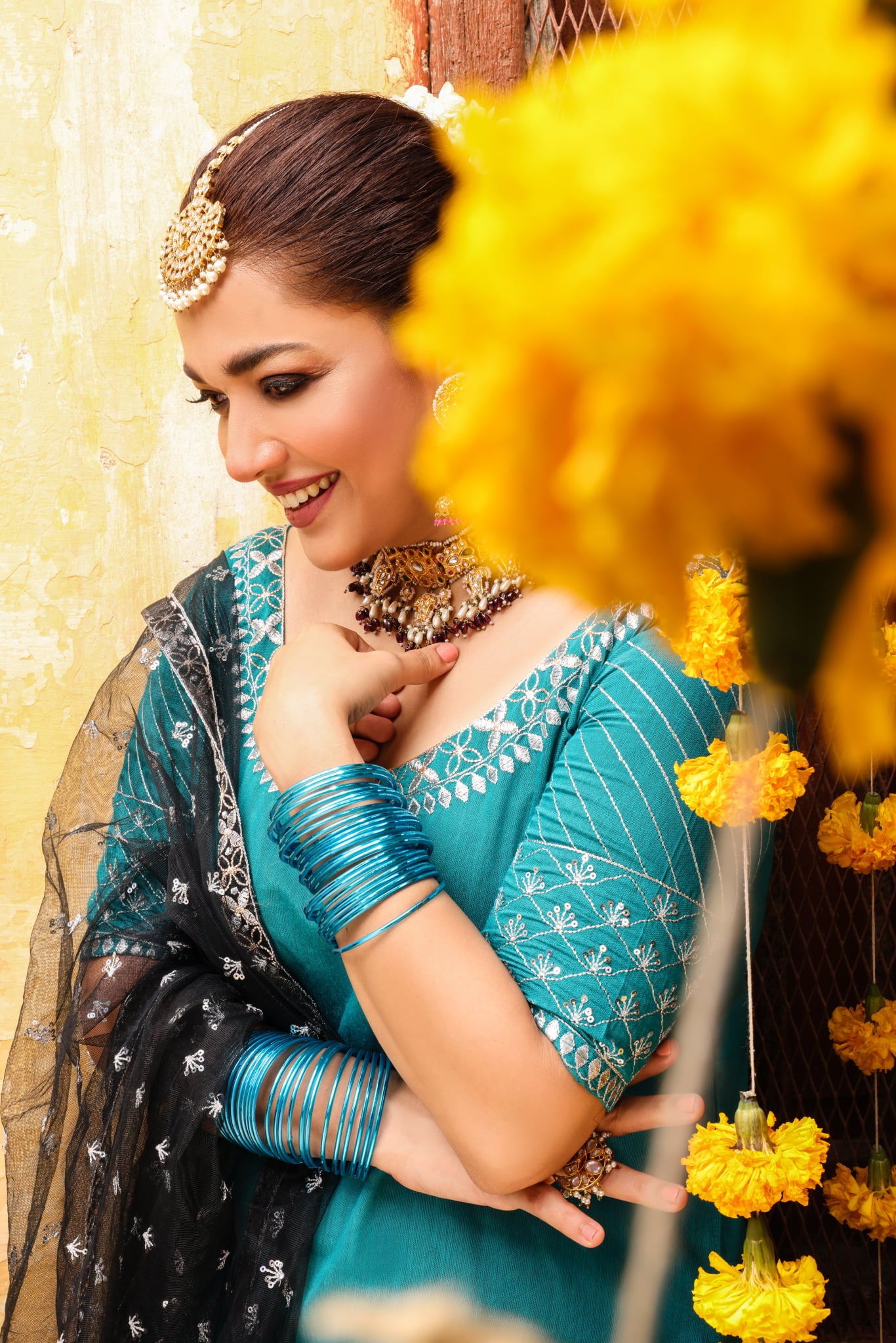 Teal Zari Sequin Cotton-Silk Gharara Set (3-Piece) - Image 1