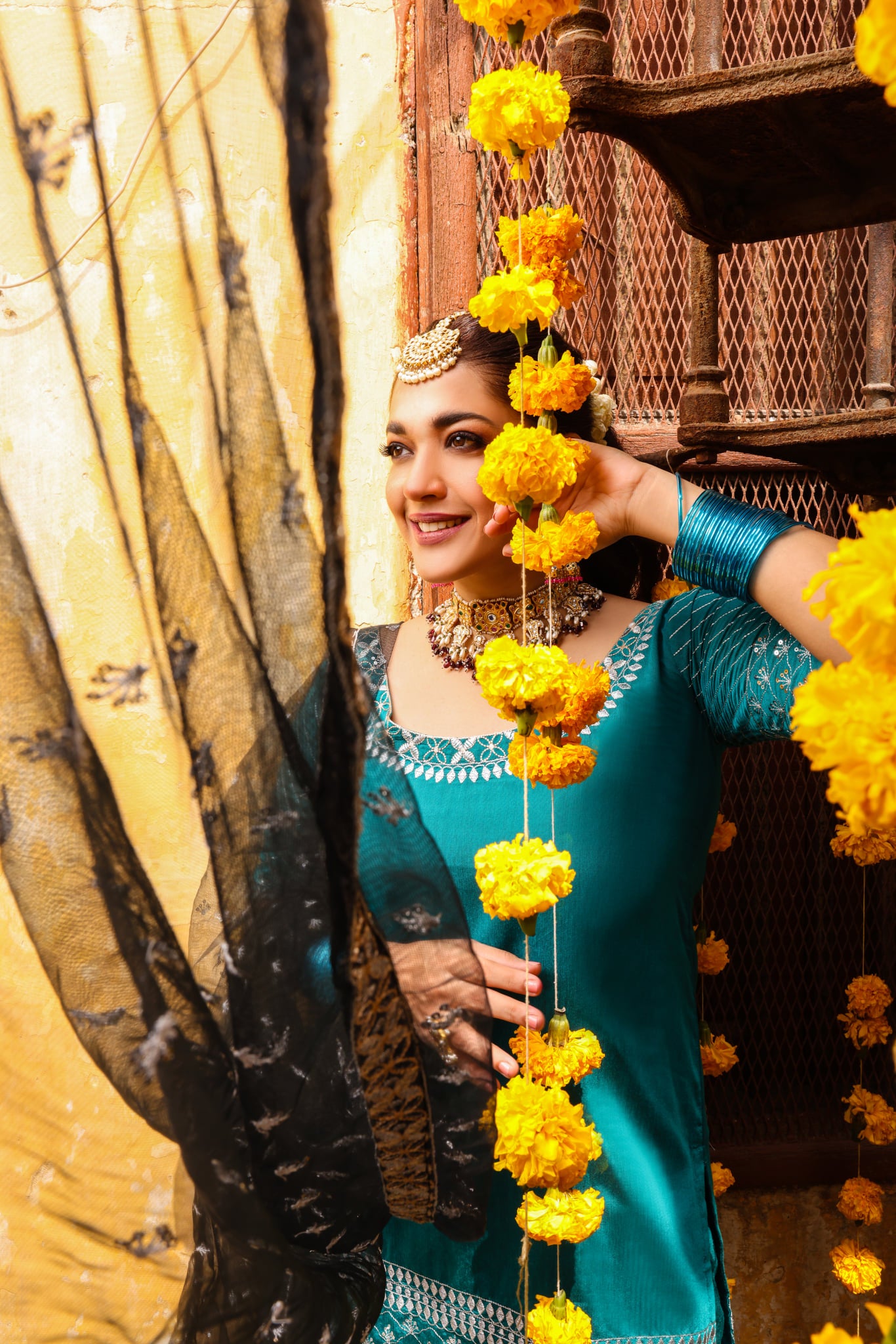 Teal Zari Sequin Cotton-Silk Gharara Set (3-Piece) - Image 2