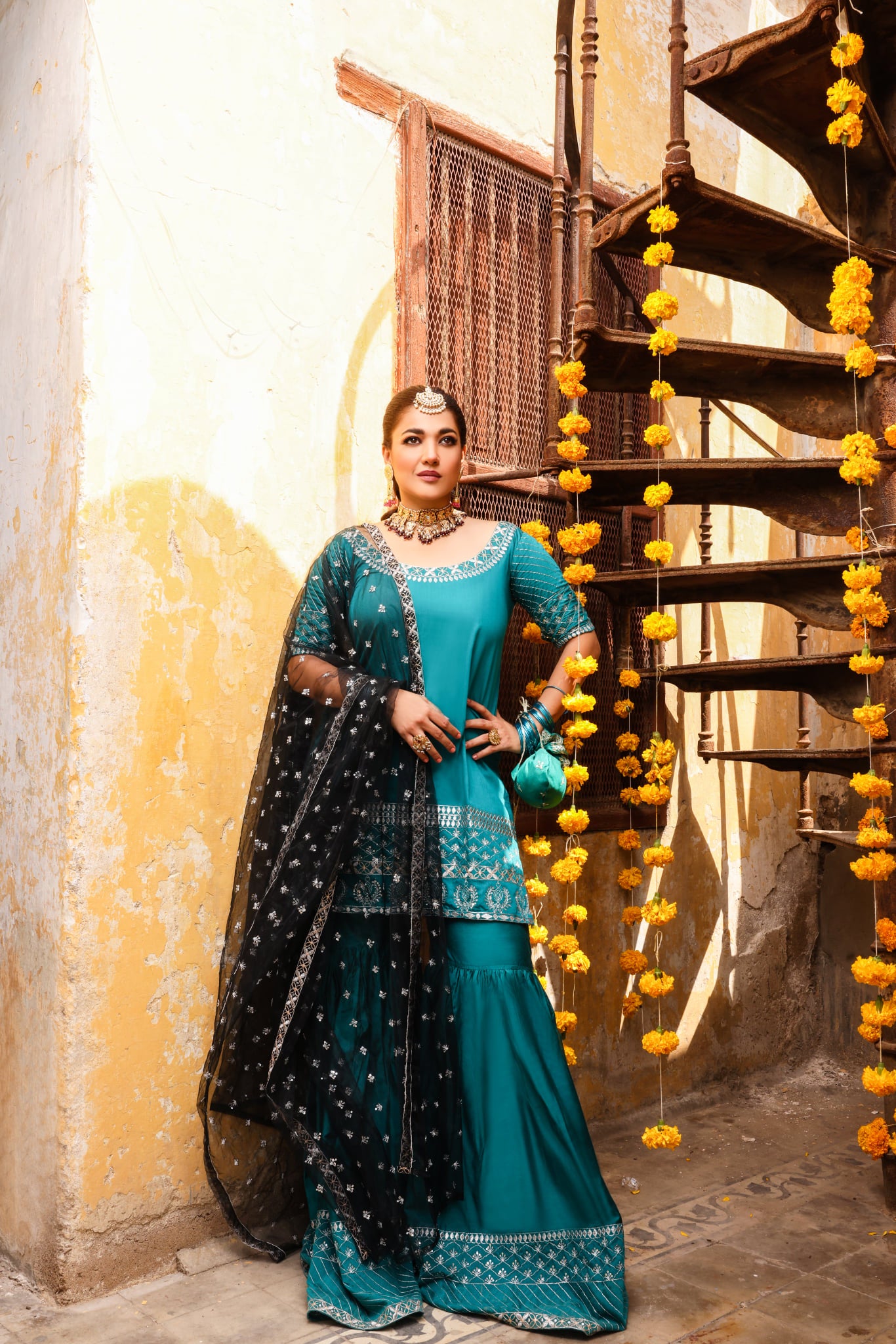 Teal Zari Sequin Cotton-Silk Gharara Set (3-Piece) - Image 3