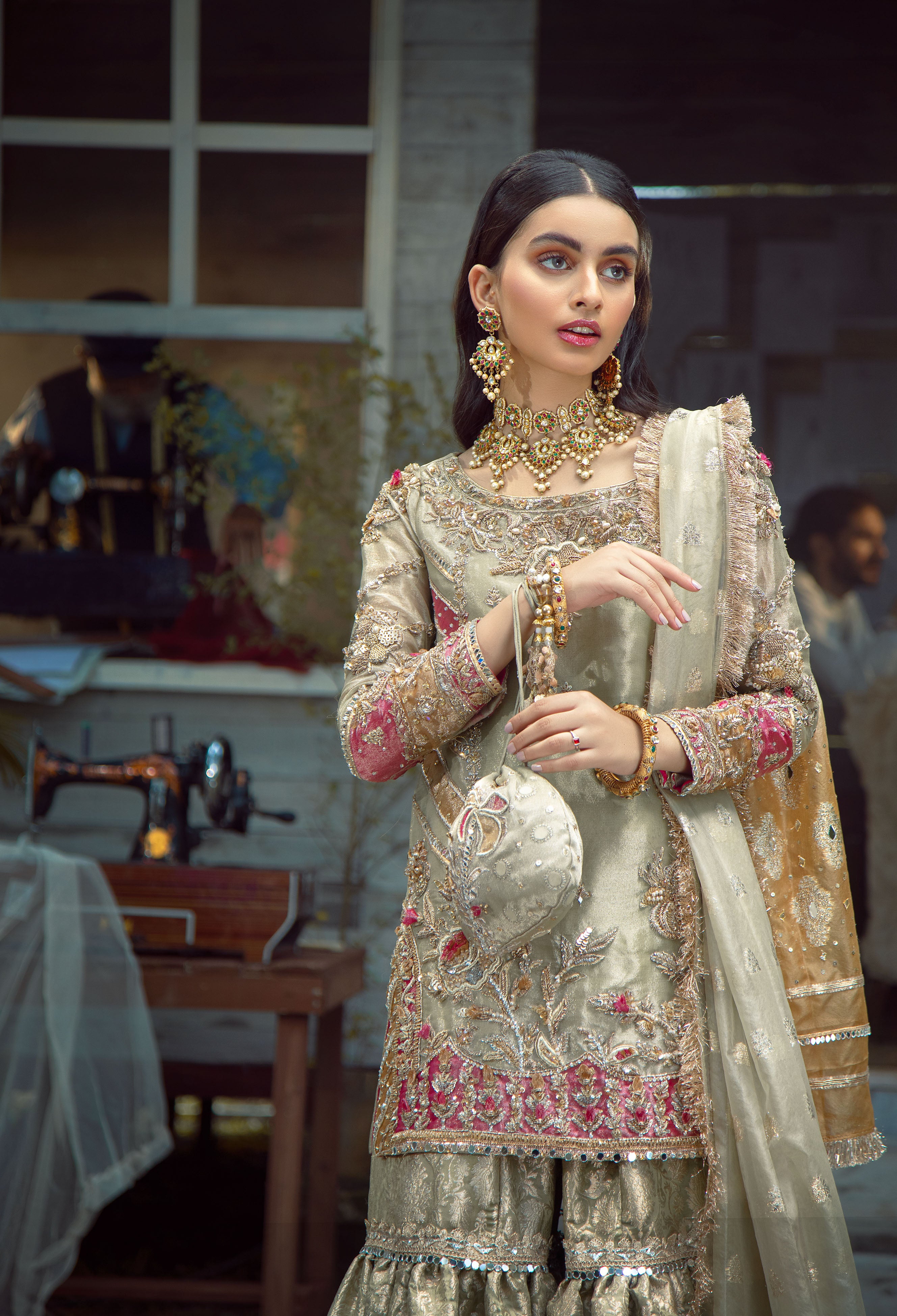 Lime Green Gotta Zardozi Pure Tissue Gharara (3-Piece) - Image 1