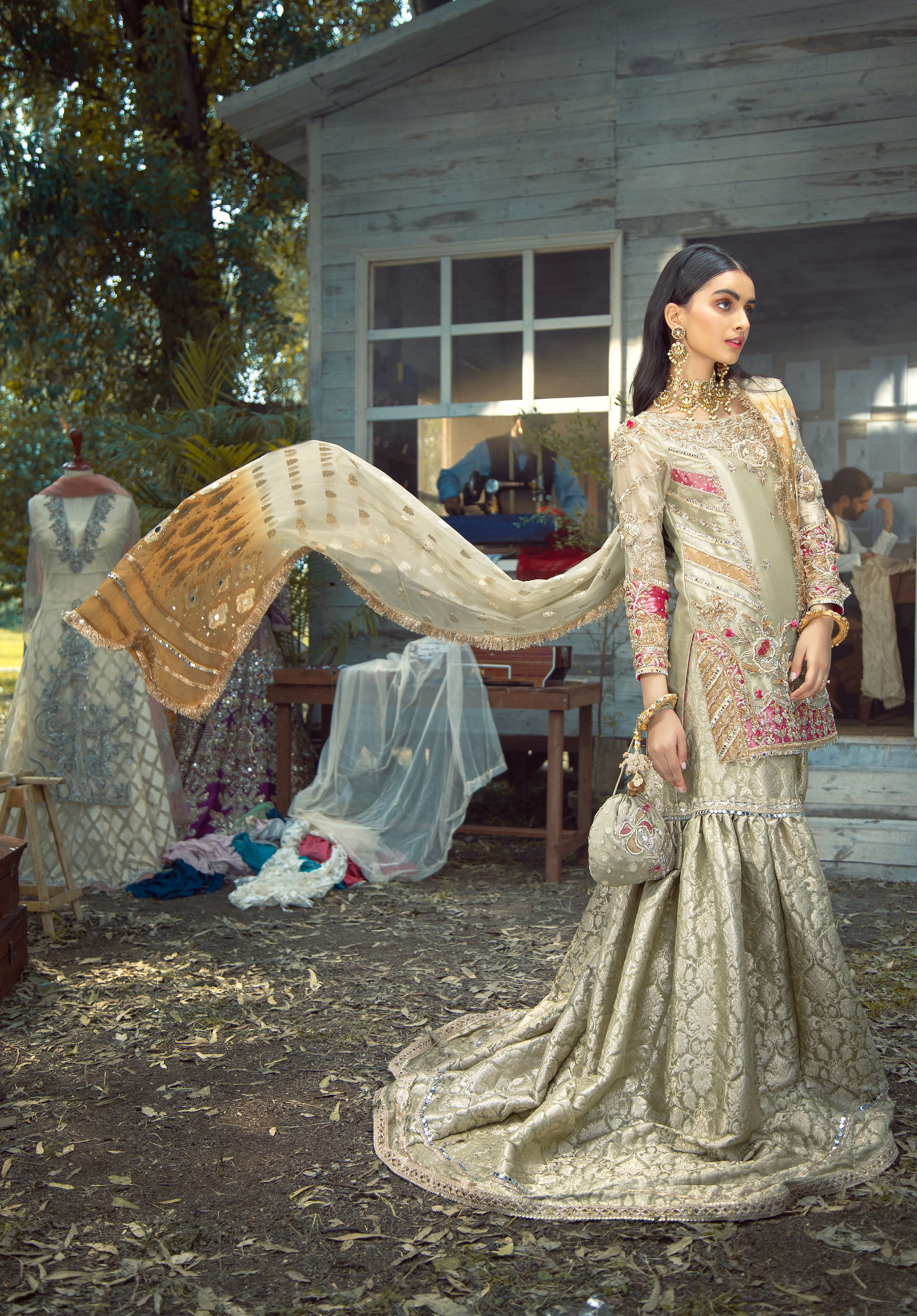 Lime Green Gotta Zardozi Pure Tissue Gharara (3-Piece) - Image 3