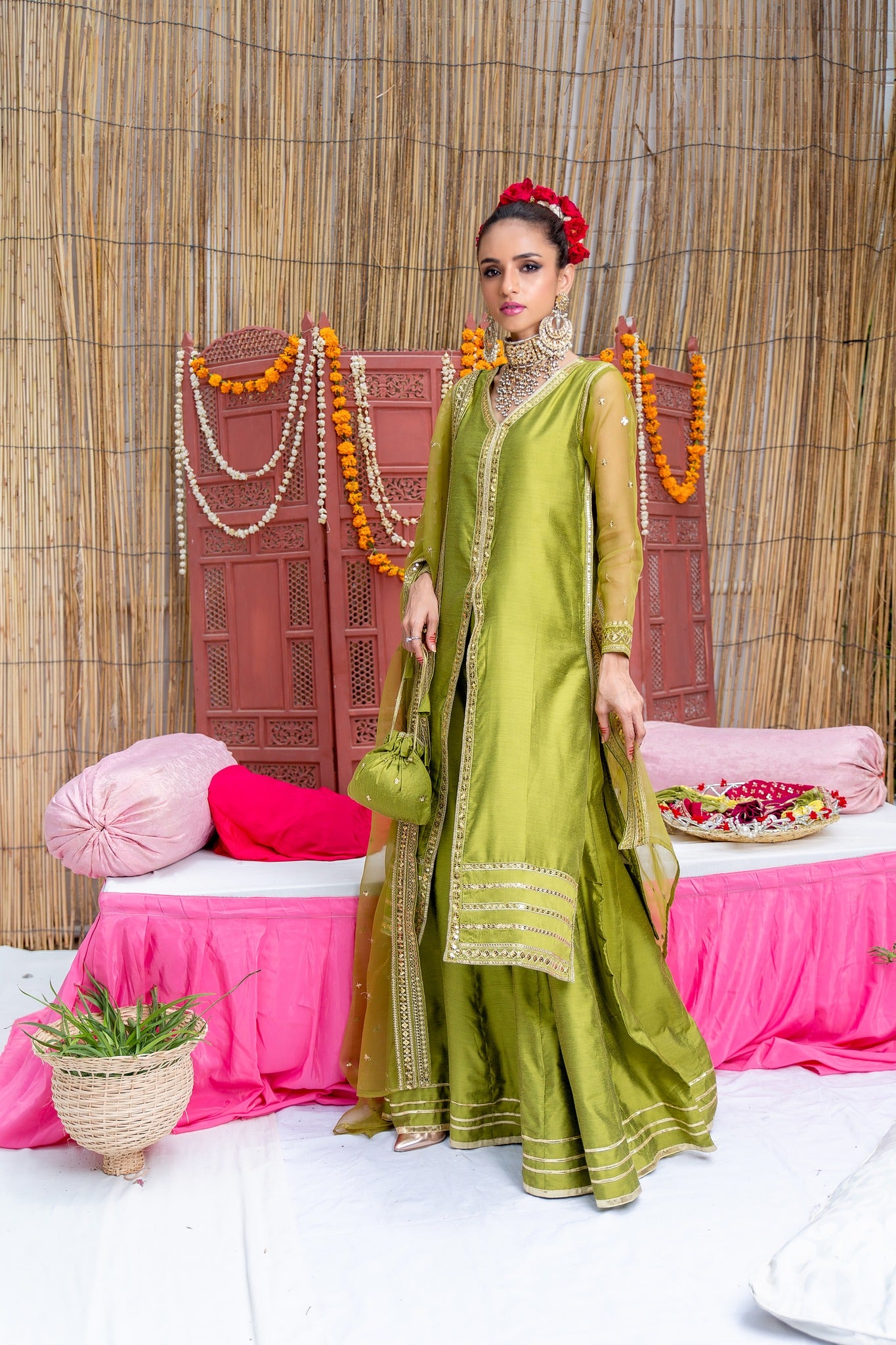 Olive Zari Embroidered Banarsi Cotton Silk Gharara (3-Piece) - Image 1