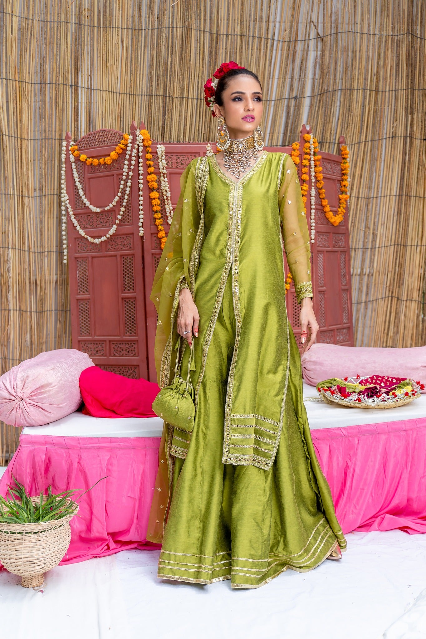 Olive Zari Embroidered Banarsi Cotton Silk Gharara (3-Piece) - Image 2