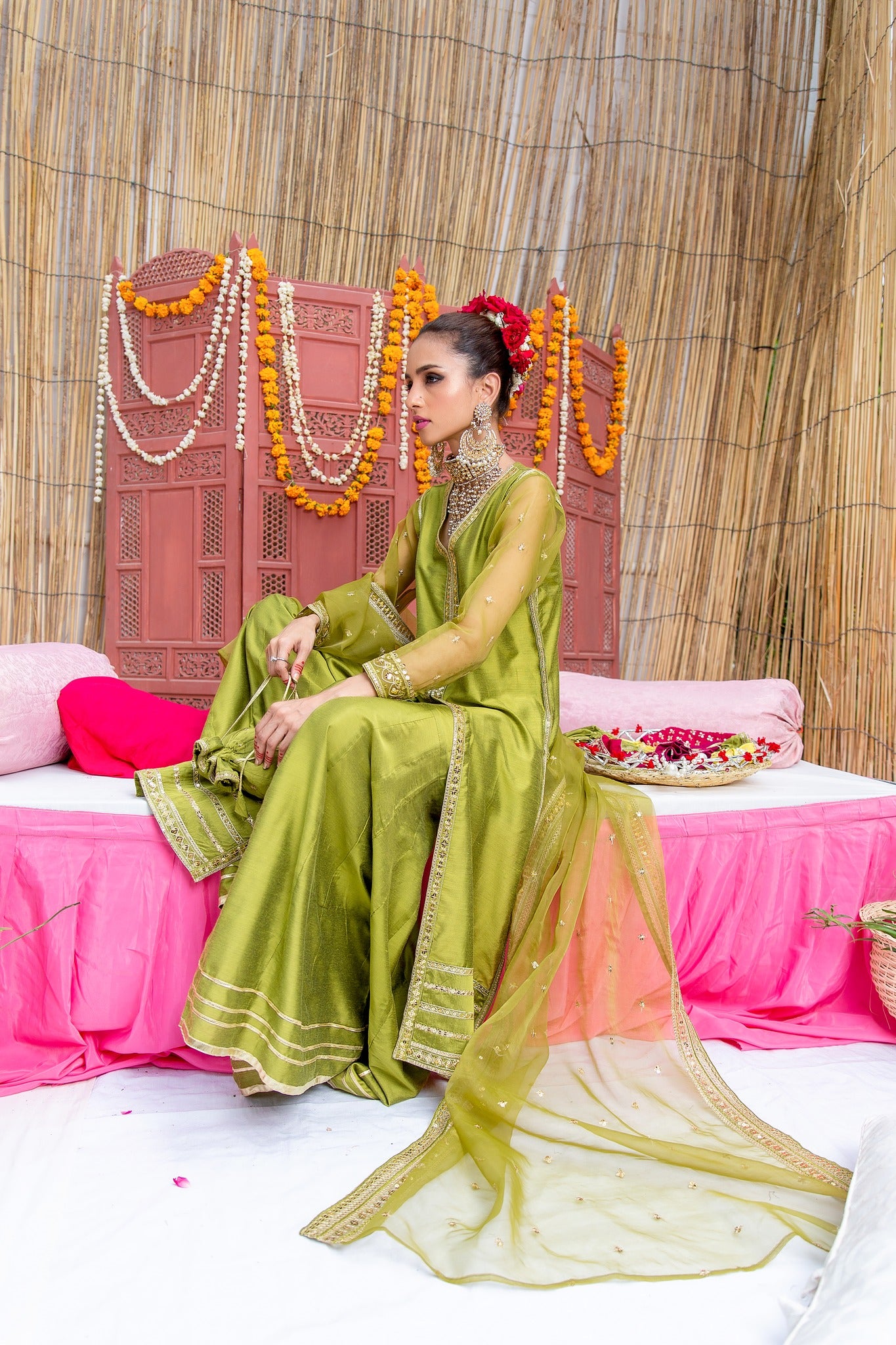 Olive Zari Embroidered Banarsi Cotton Silk Gharara (3-Piece) - Image 4